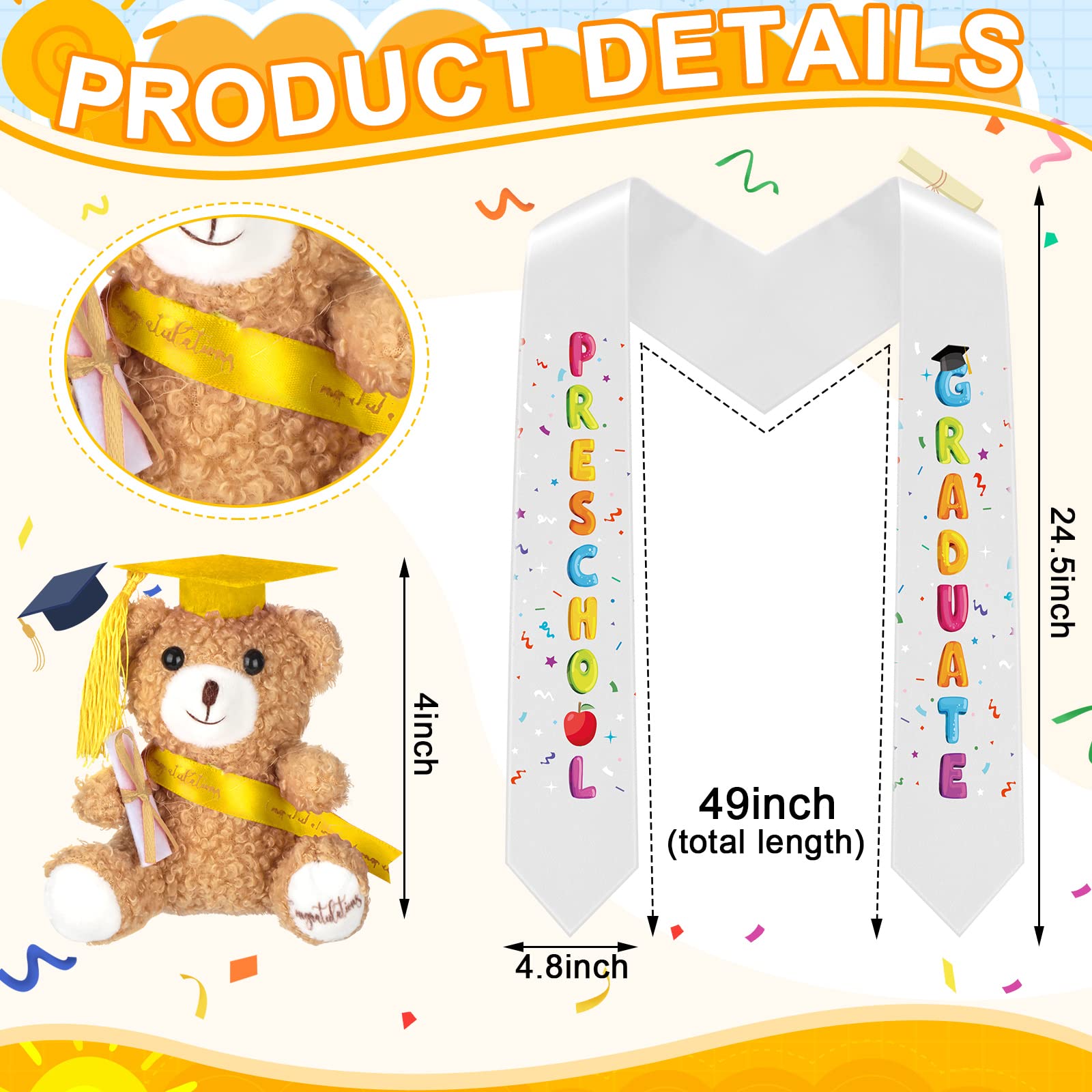24-Piece Preschool Graduation Cap & Gown Set with Stole and Plush Bear - Bulk Kids Graduation Costumes for Kindergarten Ceremony, Photo Shoot & Party Celebration