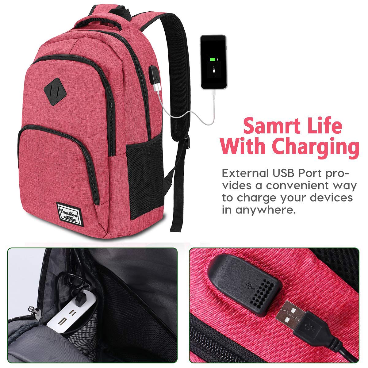 Stylish Pink Backpack for Women & Teen Girls - USB Charging Port School & College Backpack - Perfect for Daily Commute, Campus Life & Travel Accessories