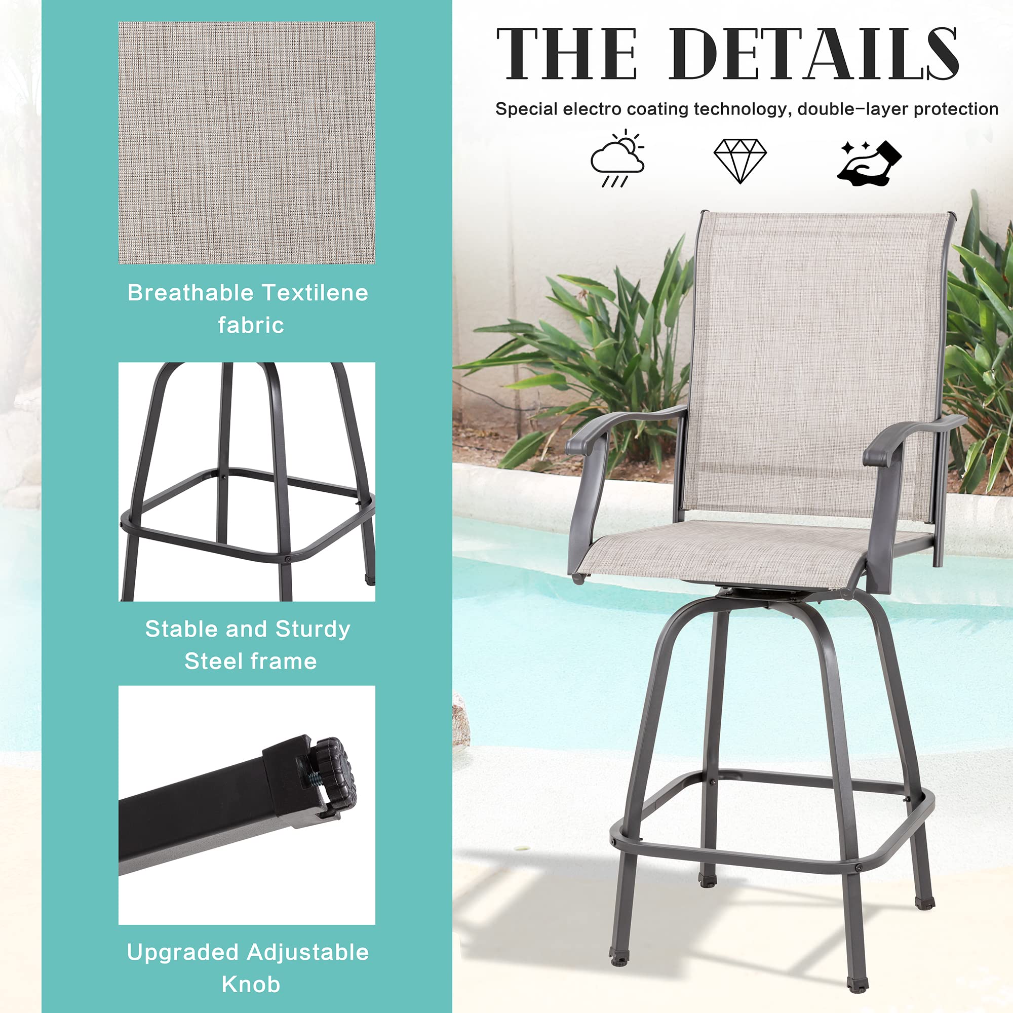 Vongrasig 5-Piece Outdoor Patio Bar Set with Swivel Bar Stools & Glass Table - All-Weather Wicker & Textilene High-Top Bistro Set for Garden, Lawn, Deck or Poolside (Taupe) - Perfect for Backyard Entertaining & Outdoor Dining