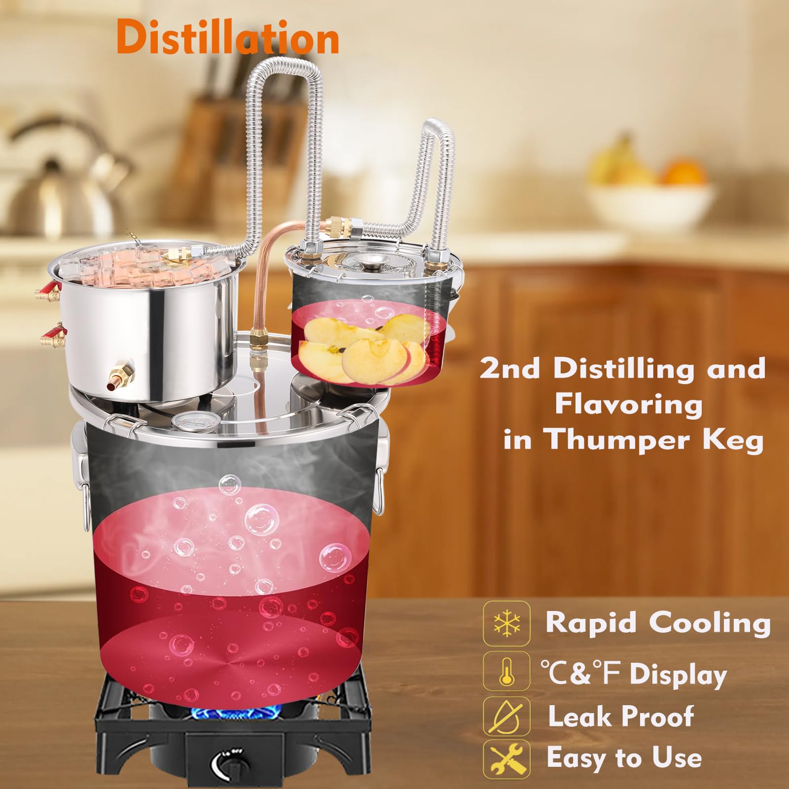 8 Gallon Alcohol Still Kit with 3 Pots, Copper Tube & Thumper Keg - Complete Distillery Set for Moonshine, Whiskey & Home Brewing - Includes Water Pump, Thermometer, Airlock & Brew Bag - Perfect for DIY Distilling, Craft Spirits & Home Brewing Enthusiasts