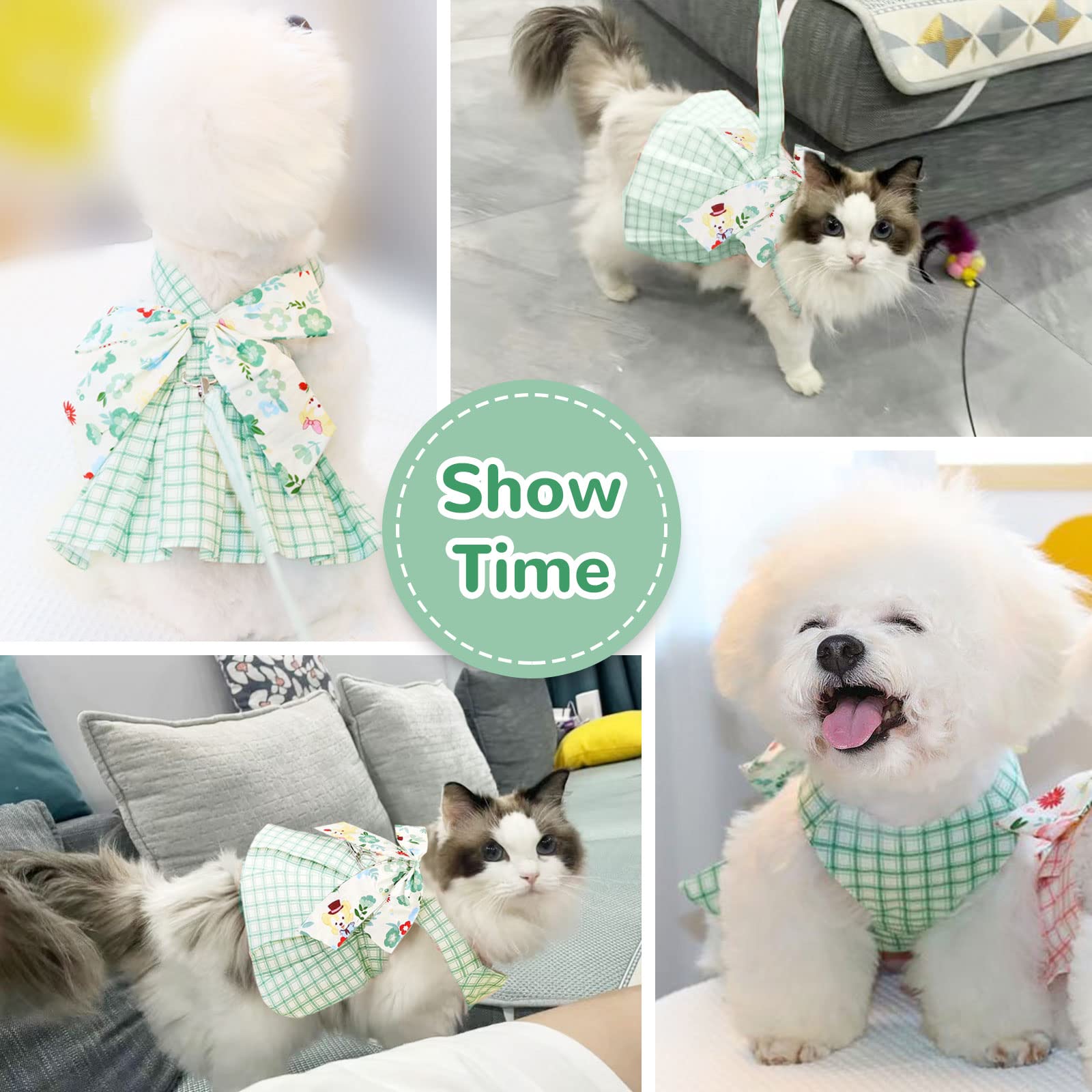 Stylish Plaid Dog Dress Harness & Leash Set for Small & Medium Dogs - Green Summer Pet Outfit with Bow for Puppy Princess, Holiday Party Costume - Perfect for Chihuahua & Yorkie (XL) | Great for Birthday Parties, Photo Shoots & Special Occasions
