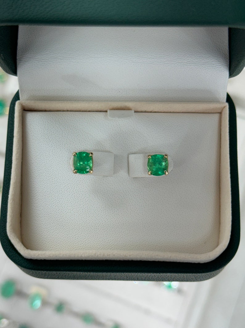 2.41tcw 14K Gold Vivid Green Emerald Cushion Cut Stud Earrings for Women - Luxury Birthstone Jewelry Gift for Mother's Day, Anniversary & Special Occasions