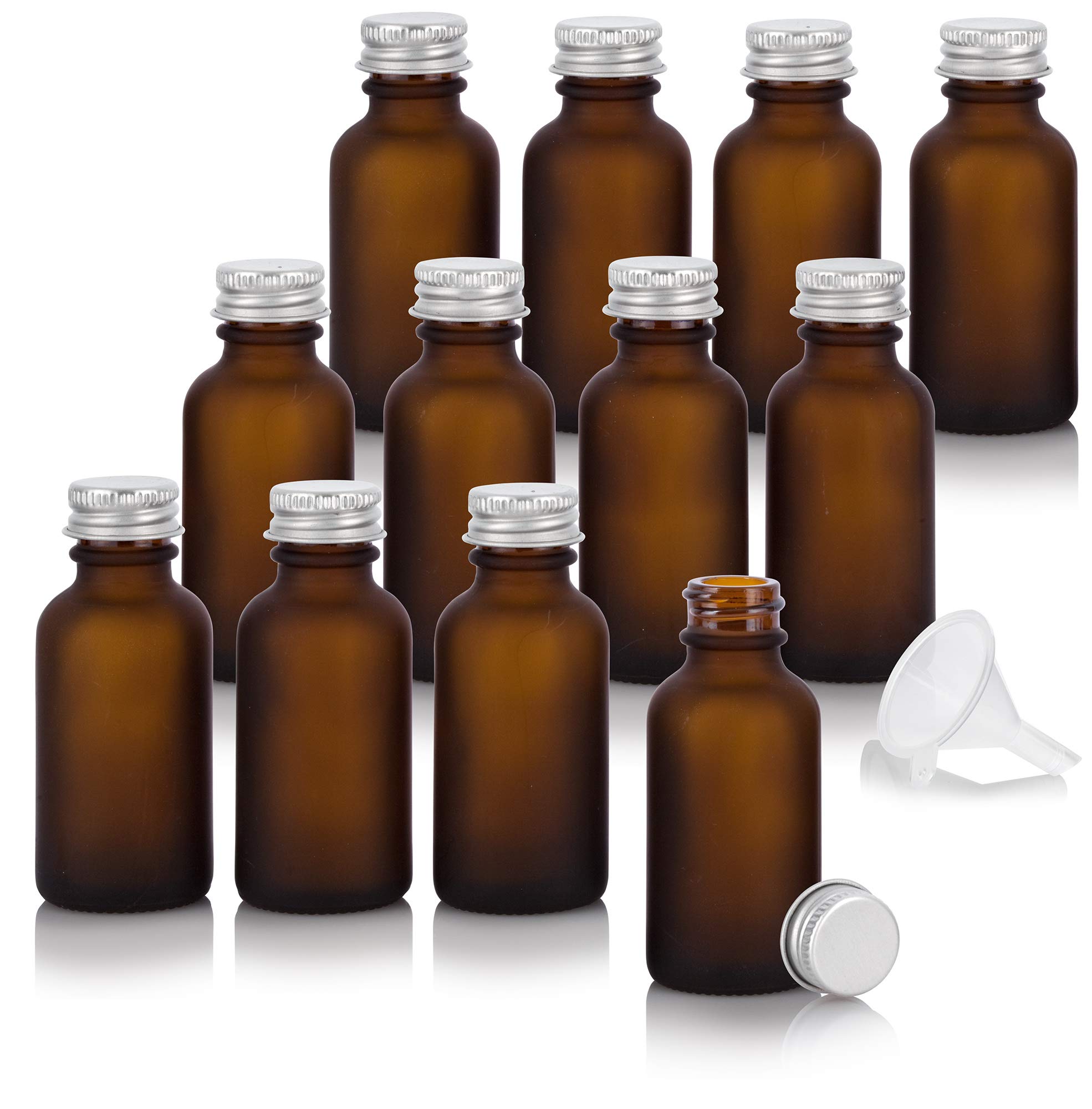 JUVITUS 1 oz Frosted Amber Glass Boston Round Bottles with Silver Metal Screw Caps (12-Pack) + Bonus Funnel - Essential Oil, Perfume & DIY Craft Storage Solution - Perfect for Aromatherapy, Travel & Home Organization