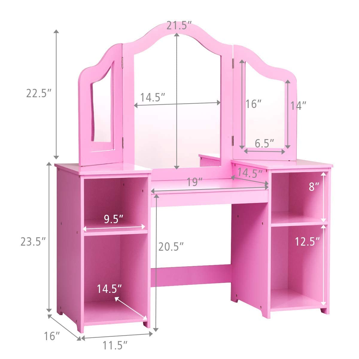 MAT EXPERT Kids Vanity Table Set with Tri-Folding Mirror - Wooden Princess Dresser with 4 Storage Shelves & Detachable Plastic Mirror - Pretend Play Makeup Dressing Table for Girls (Pink) - Perfect for Bedroom Decor, Birthday Gifts & Role Play Activities