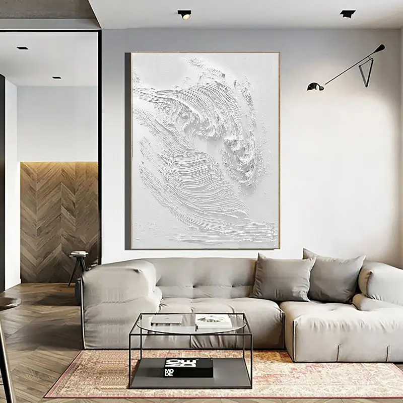White Minimalist Textured Painting Canvas Wall Art - Modern Abstract Vertical Decor for Living Room, Bedroom & Office | #MM001