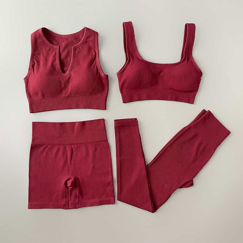 4Pcs Seamless Yoga Sets for Women - 2 Piece Ribbed Workout Outfits with Sports Bra & Shorts/Leggings - Matching Gym Clothes for Yoga, Pilates & Fitness Training