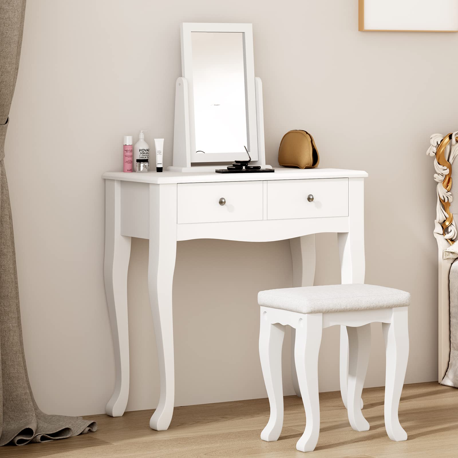 Soges White Makeup Vanity Table Set with 2-Drawer Dresser Desk, 360° Rotating Mirror & Cushioned Stool - Elegant Bedroom Dressing Table for Women's Beauty Routine, Cosmetics Organization & Home Decor