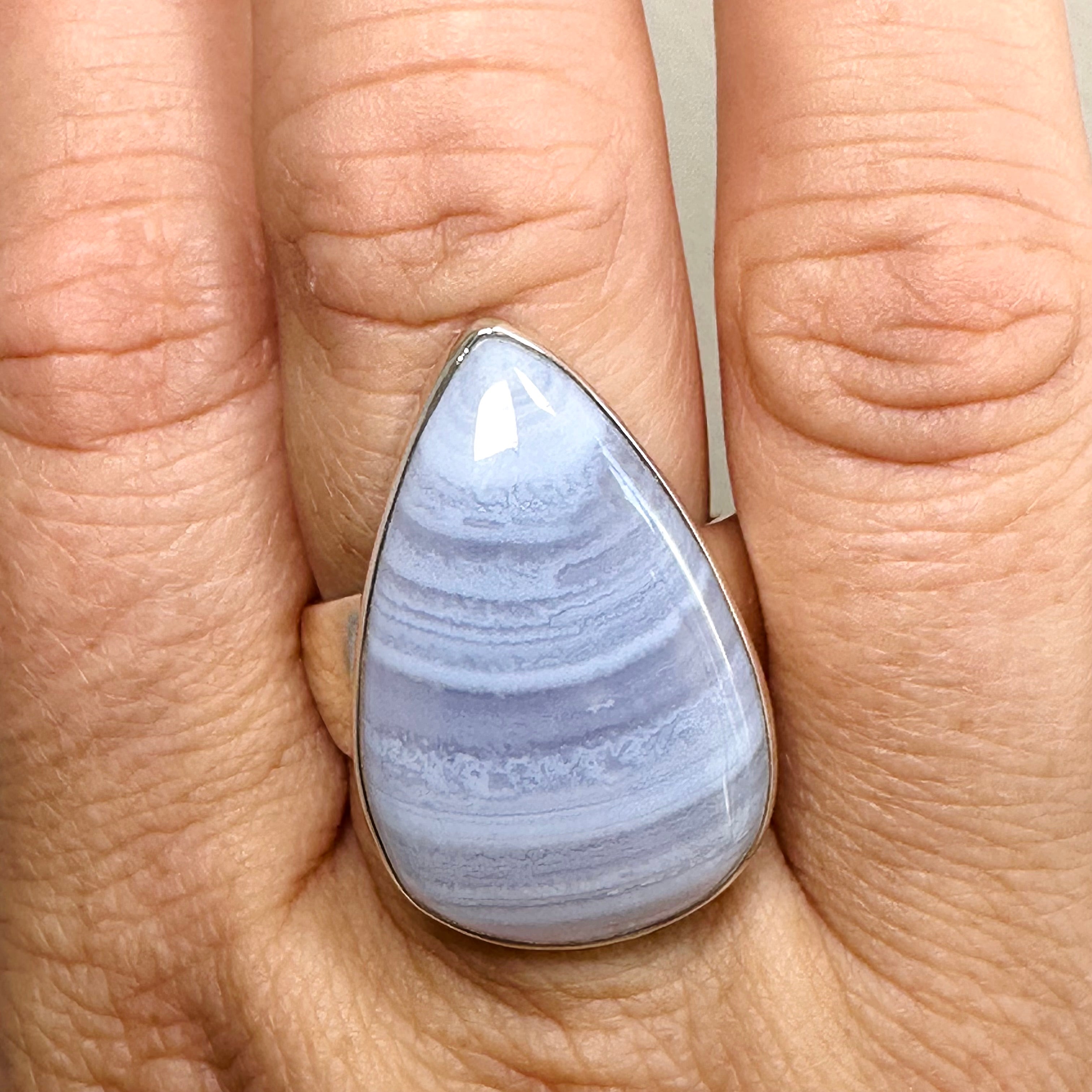 Blue Lace Agate Teardrop Cabochon Ring - Size 11 - Natural Stone Jewelry - KRGJ3380 - Perfect for Boho Style, Gift Giving & Everyday Wear