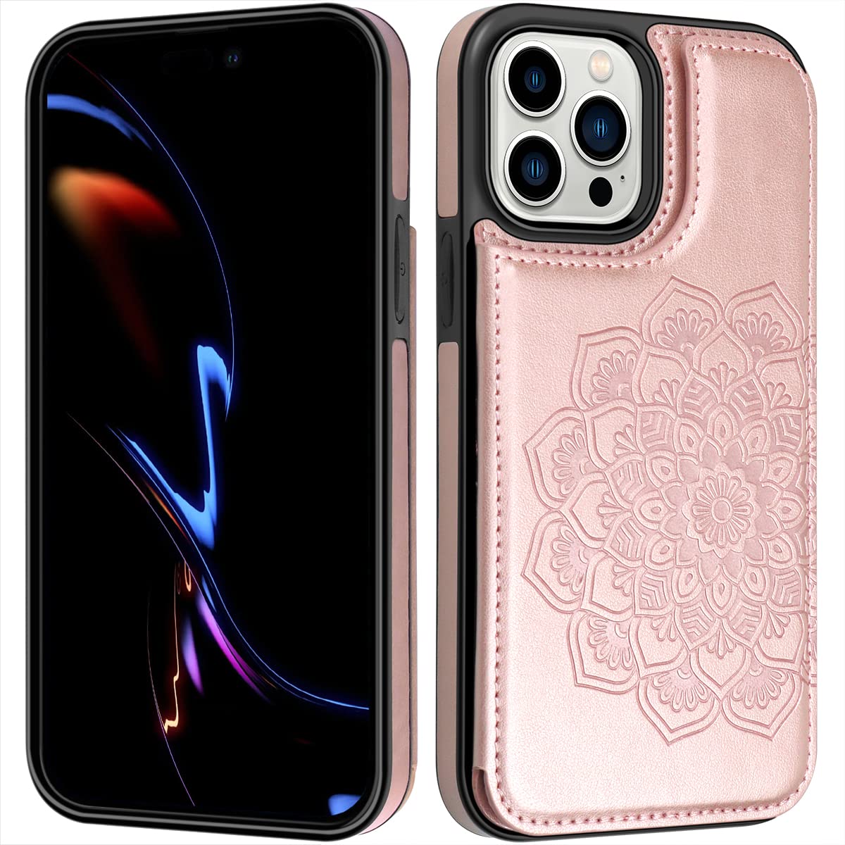 MMHUO Magnetic Wallet Case for iPhone 14 Pro - Flower Design Flip Cover with Card Holder, Slim Protective Phone Case for Women (Rose Gold) | Perfect for Everyday Use, Travel & Shopping