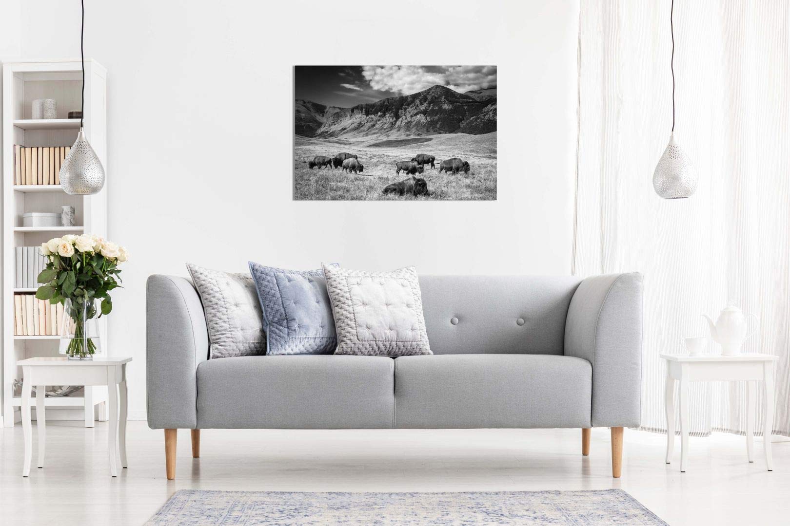 Black and White Buffalo Grazing Mountain Landscape Canvas Wall Art Print (36x24) - Modern Home Decor for Living Room, Bedroom & Office