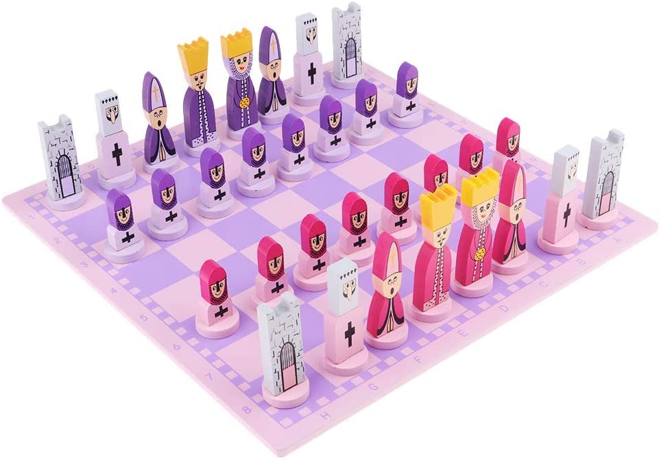 Pink Wooden Chess Set - Cute Cartoon Board Game with Chessboard - Educational Strategy Game for Adults & Kids - Perfect for Family Game Nights & Learning Fun