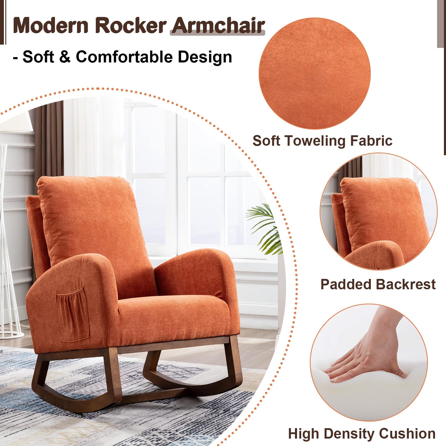 Antetek Modern Upholstered Rocking Chair - Nursery Glider Rocker for Baby & Kids, Comfortable High Back Armchair with Side Pocket - Perfect for Living Room, Nursery, or Bedroom (Orange)