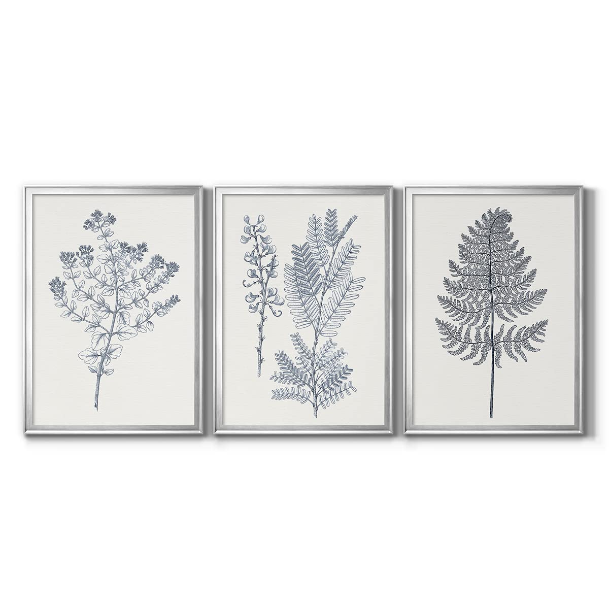 Abstract Geometric Wall Art Set - 3 Piece Silver Framed Canvas Prints (30x42 in Each) | Modern Home Decor for Living Room, Bedroom & Office | Cape Cod & Colonial Style Indigo Botany Study VI