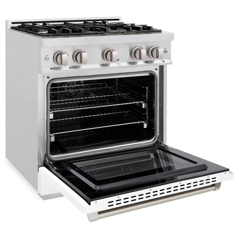 ZLINE 30 Inch 4.2 Cu Ft Gas Range with 4 Burner Cooktop & Convection Oven - Satin Stainless Steel with White Matte Door (HGRS WM 30) | Professional Kitchen Appliance for Home Cooking & Baking
