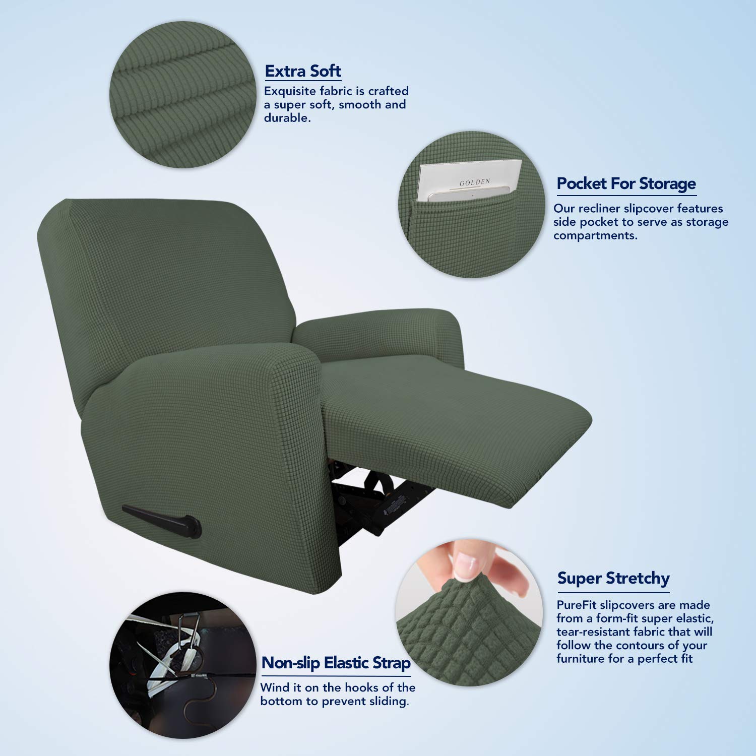 PureFit Stretch Recliner Sofa Slipcover with Pocket - Spandex Jacquard Non-Slip Sofa Cover, Washable Furniture Protector with Elastic Bottom for Kids & Pets (Recliner, Greyish Green) - Perfect for Living Room, Family Room & Home Theater Seating Protection