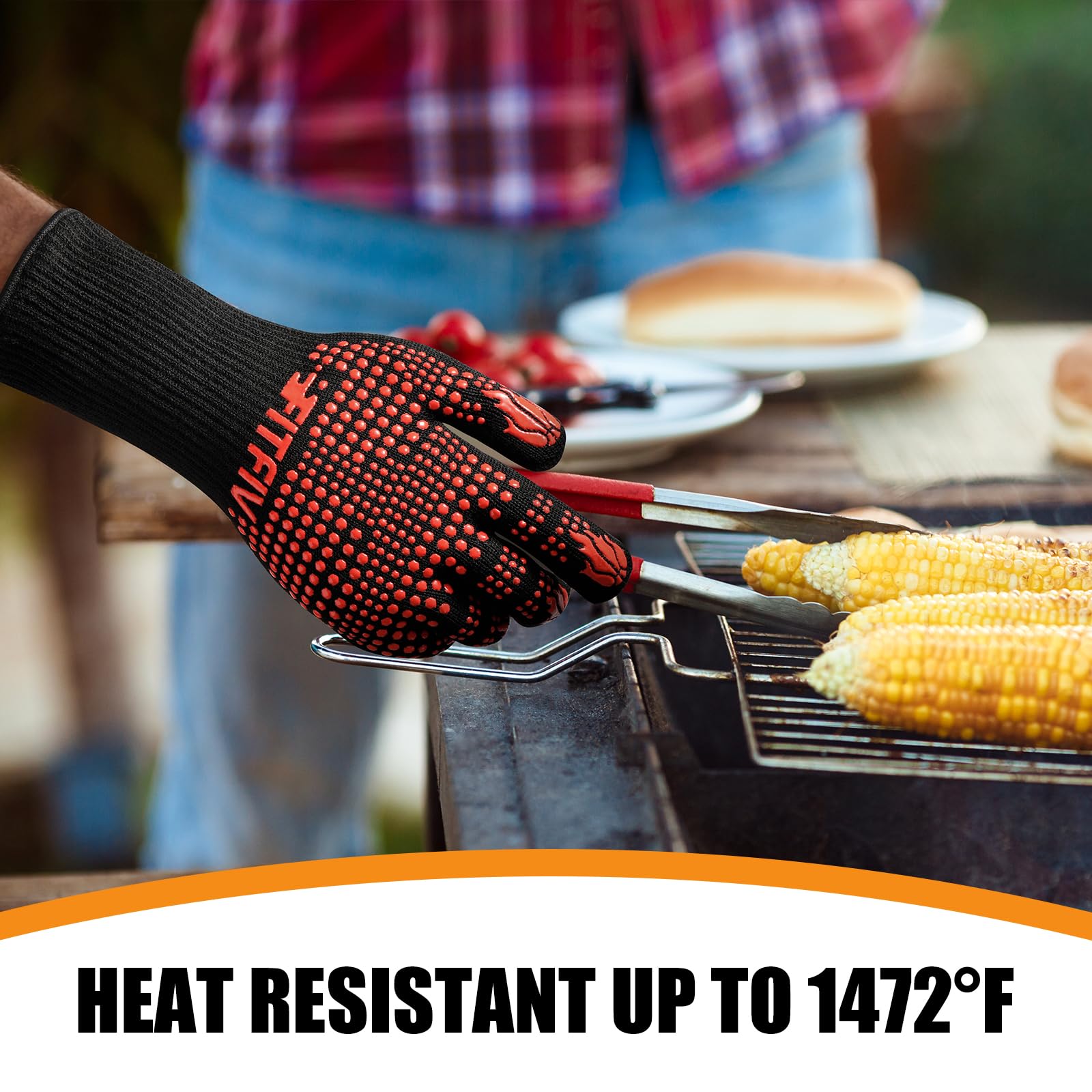 Heat Resistant BBQ Gloves 1472°F - Non-Slip Silicone Oven Mitts for Grilling, Baking, Cooking & Outdoor Camping - Perfect for Backyard BBQs, Fire Pits & Kitchen Safety (Red)