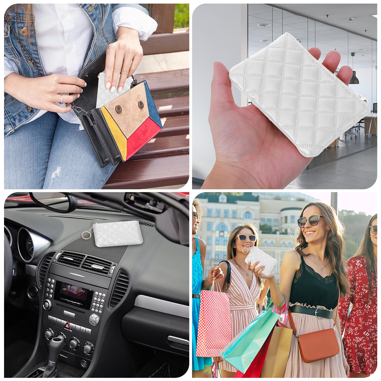 Simarro Small Coin Purse - Double Embossed Rhombus PU Leather Zipper Wallet - Compact Keychain Mini Purse for Women & Men - Perfect for Coins, Keys & Cards (White)