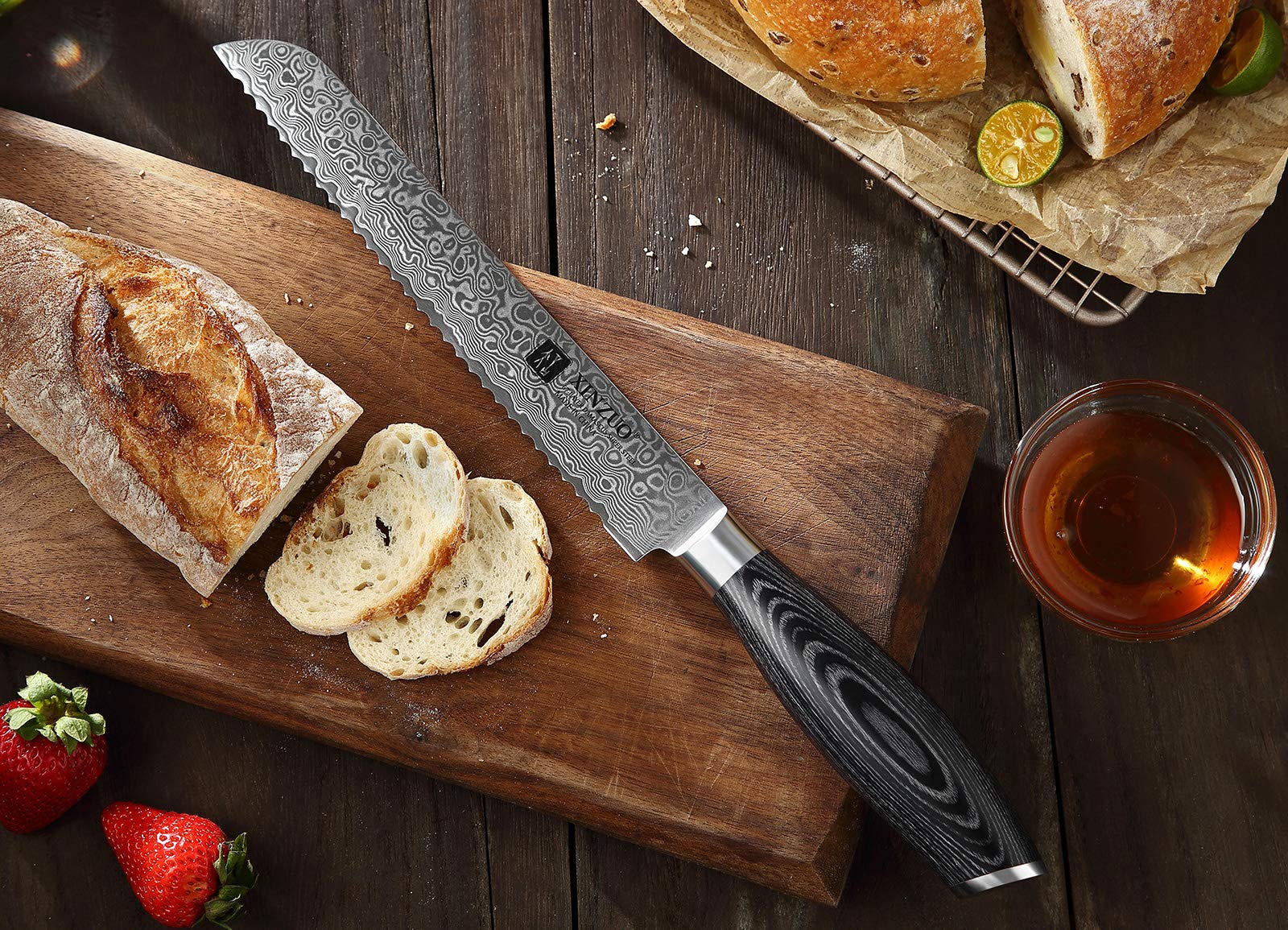 XINZUO 8 Inch Bread Knife - High Carbon 67 Layer Japanese VG10 Damascus Steel Chef Knife with Pakkawood Handle - Professional Kitchen Knife for Slicing Bread, Cake & Pastry - Perfect for Home Chefs & Bakeries