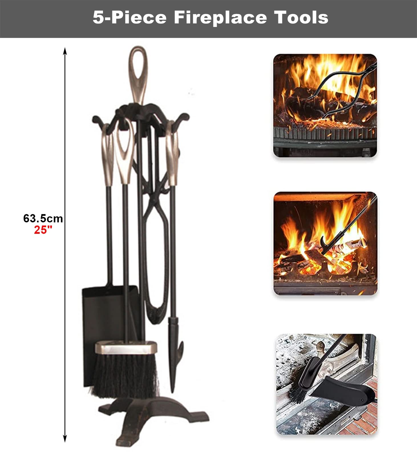 MTSON Modern 5-Piece Fireplace Tool Set - Heavy Duty Cast Iron Fireplace Accessories for Indoor & Outdoor Use with Space-Saving Tool Holder & Base - Perfect for Fireplace Maintenance, Camping & Patio Decor