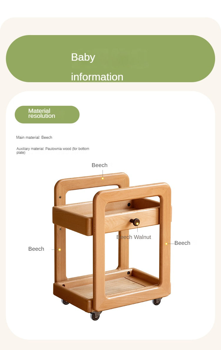 Solid Wood Beech & Rubber Kids Under Desk Mobile Storage Rack - Modern Organizer for Toys, Books & School Supplies in Bedroom or Playroom