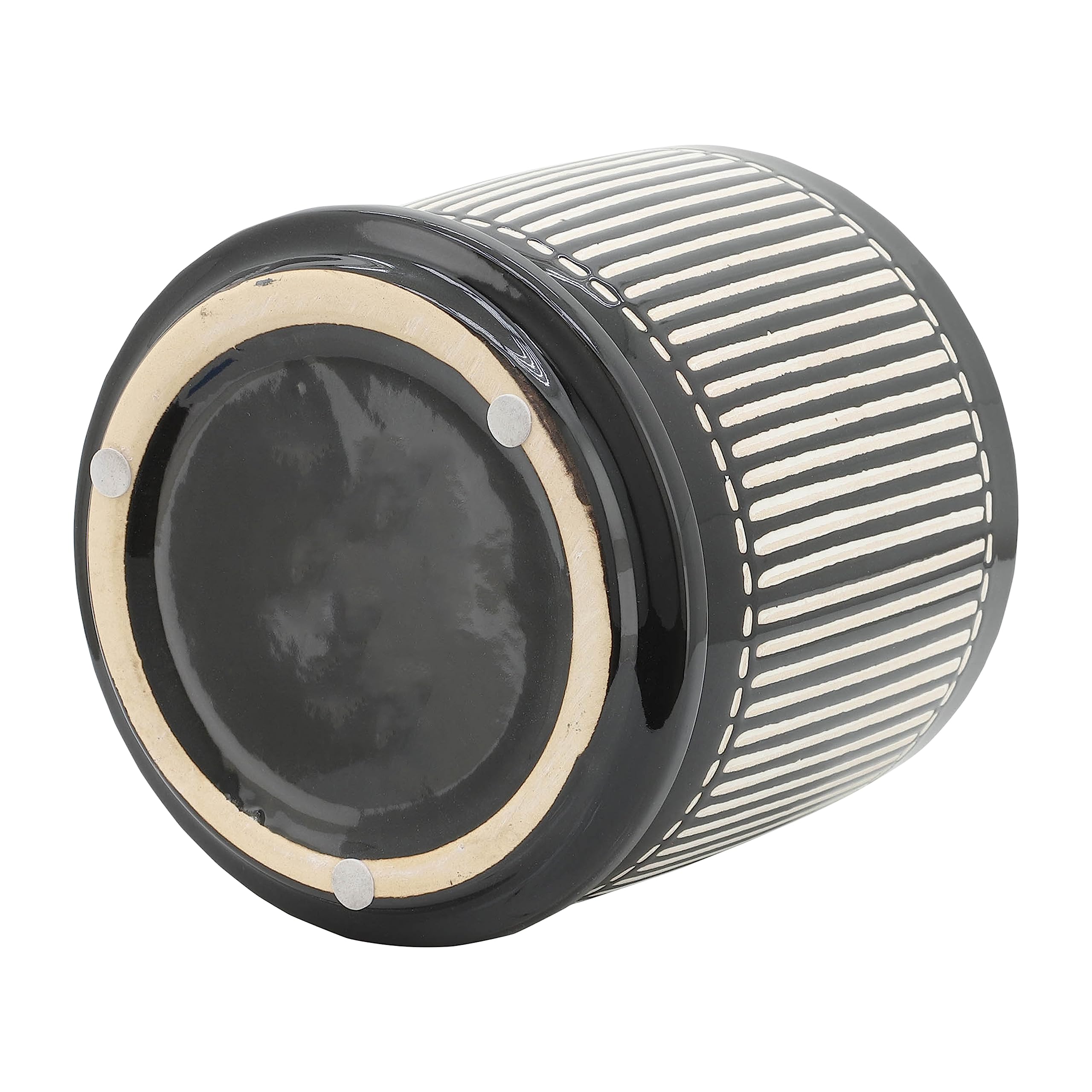 Modern Ceramic Planter Set with Saucers - Durable Stoneware Indoor Outdoor Plant Pots - Striped Design Flower Pots for Home Garden Decor - Set of 2 Black - Perfect for Living Room, Patio, and Office Decor