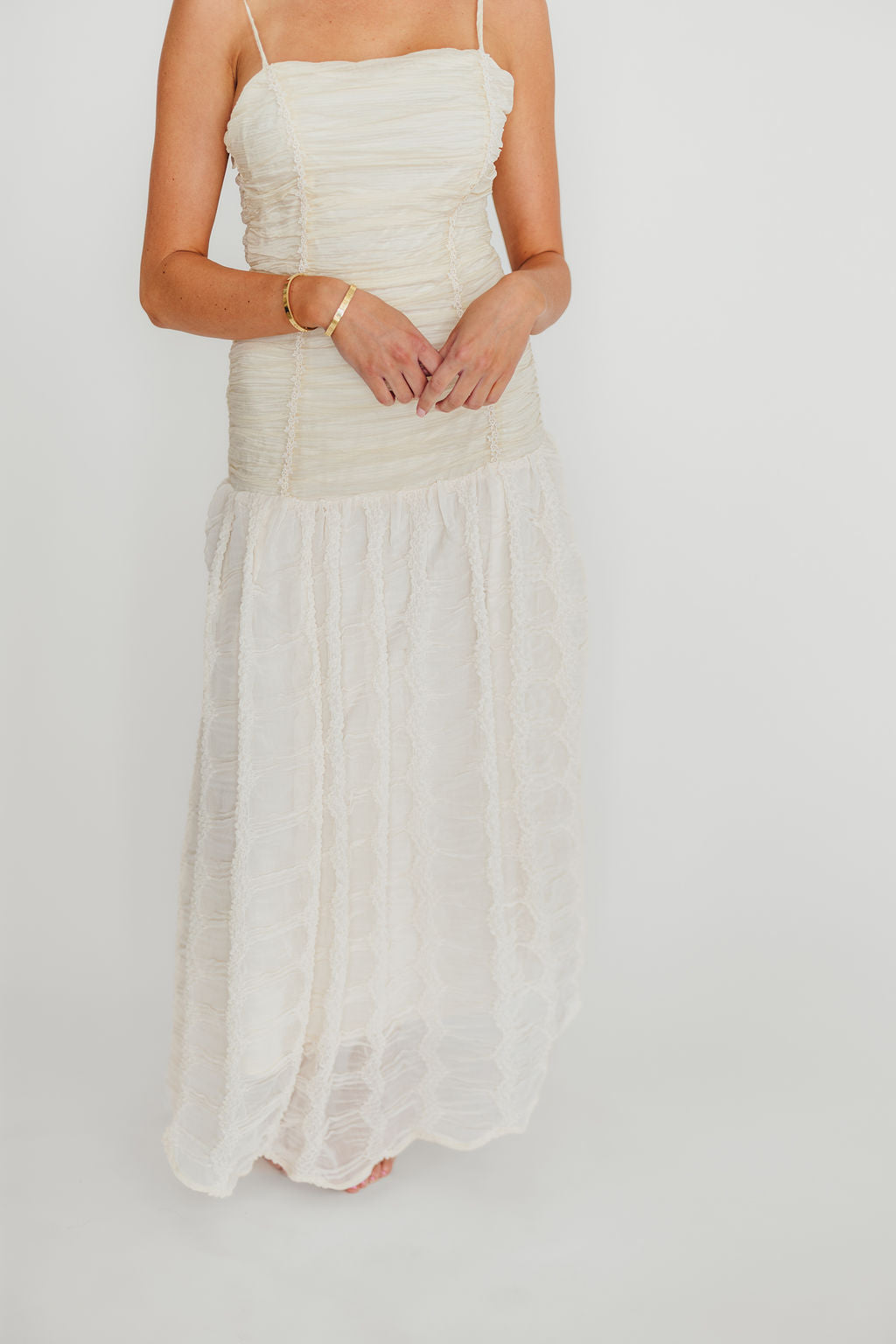 Rosie Ruched Maxi Dress with Bow Back Detail - Cream Elegant Formal Evening Gown for Weddings, Parties & Special Occasions