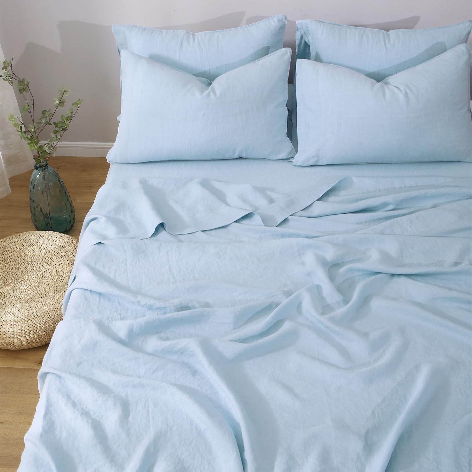 100% Organic Washed French Flax Linen Sheets Set 4Pcs - California King Size, Aqua Blue | Breathable & Hypoallergenic Bedding for All Seasons | Perfect for Eco-Friendly Homes, Guest Rooms & Luxury Hotels