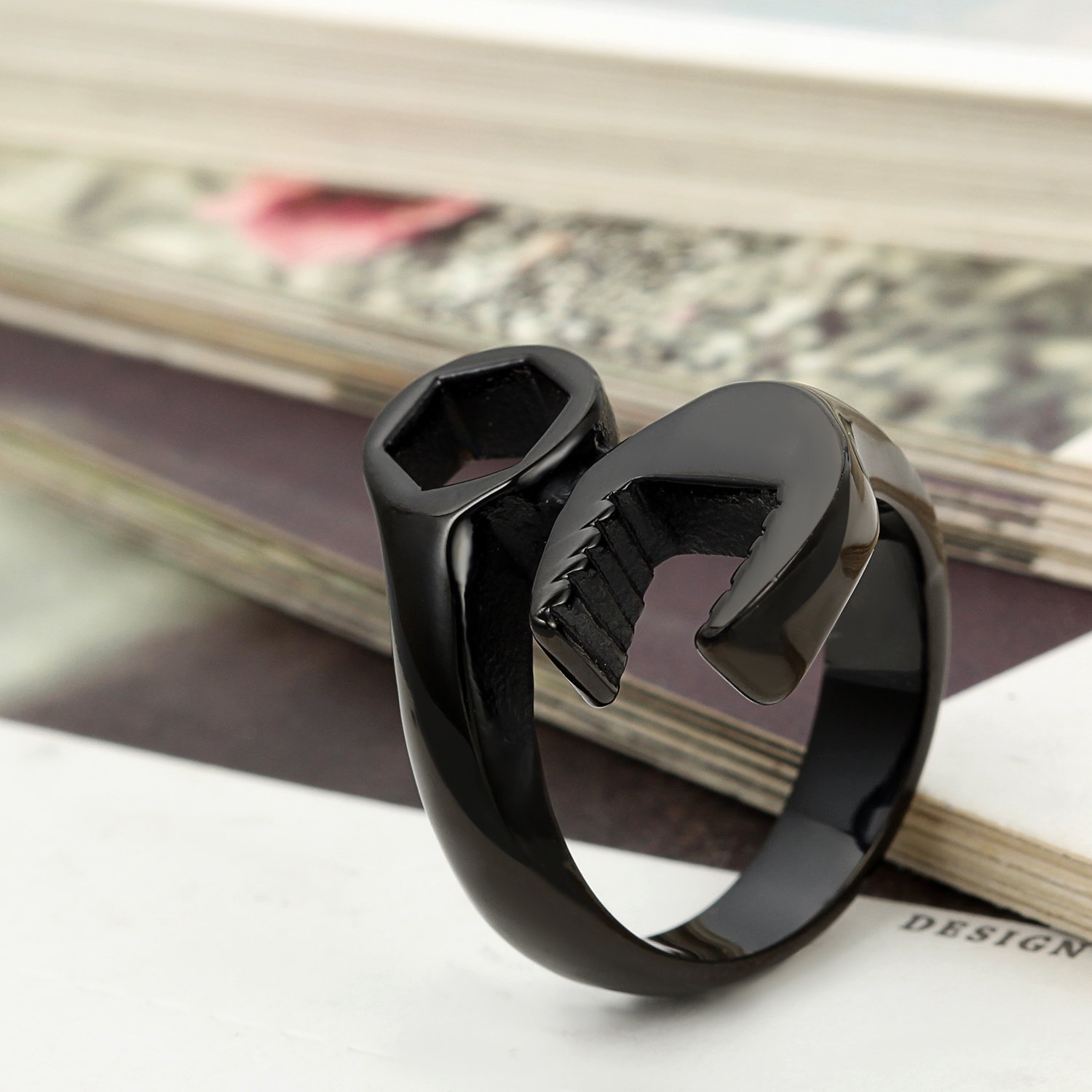 Men's Biker Mechanic Wrench Tool Ring - Stainless Steel Jewelry Gift for Motorcycle Riders - Black Polished Band - Perfect for Biker Gangs, Motorcycle Clubs & Gearhead Gifts