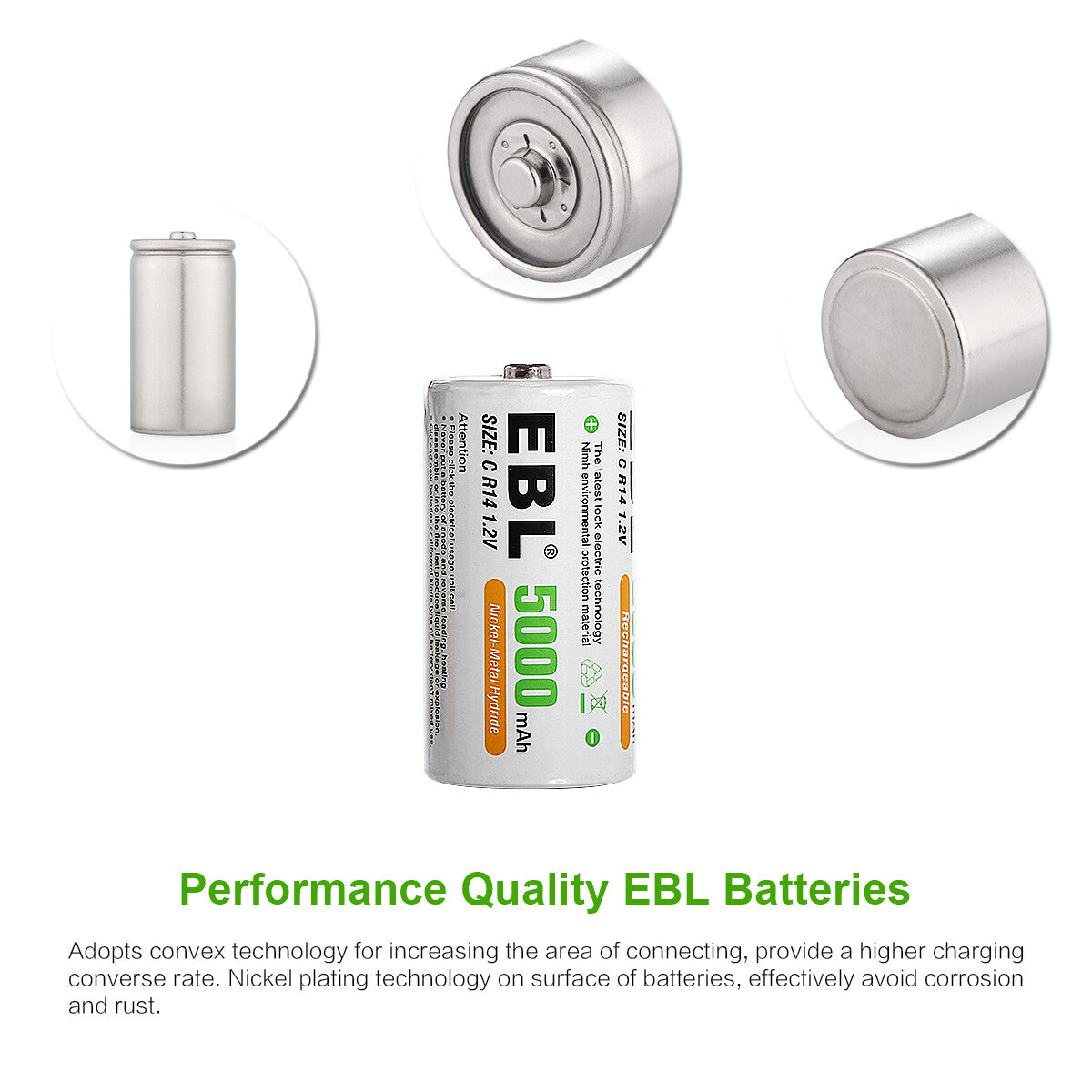 EBL 5000mAh Rechargeable C Batteries - 4 Pack with USB Charger | Long Lasting Power for Flashlights, Toys, Radios & Emergency Devices