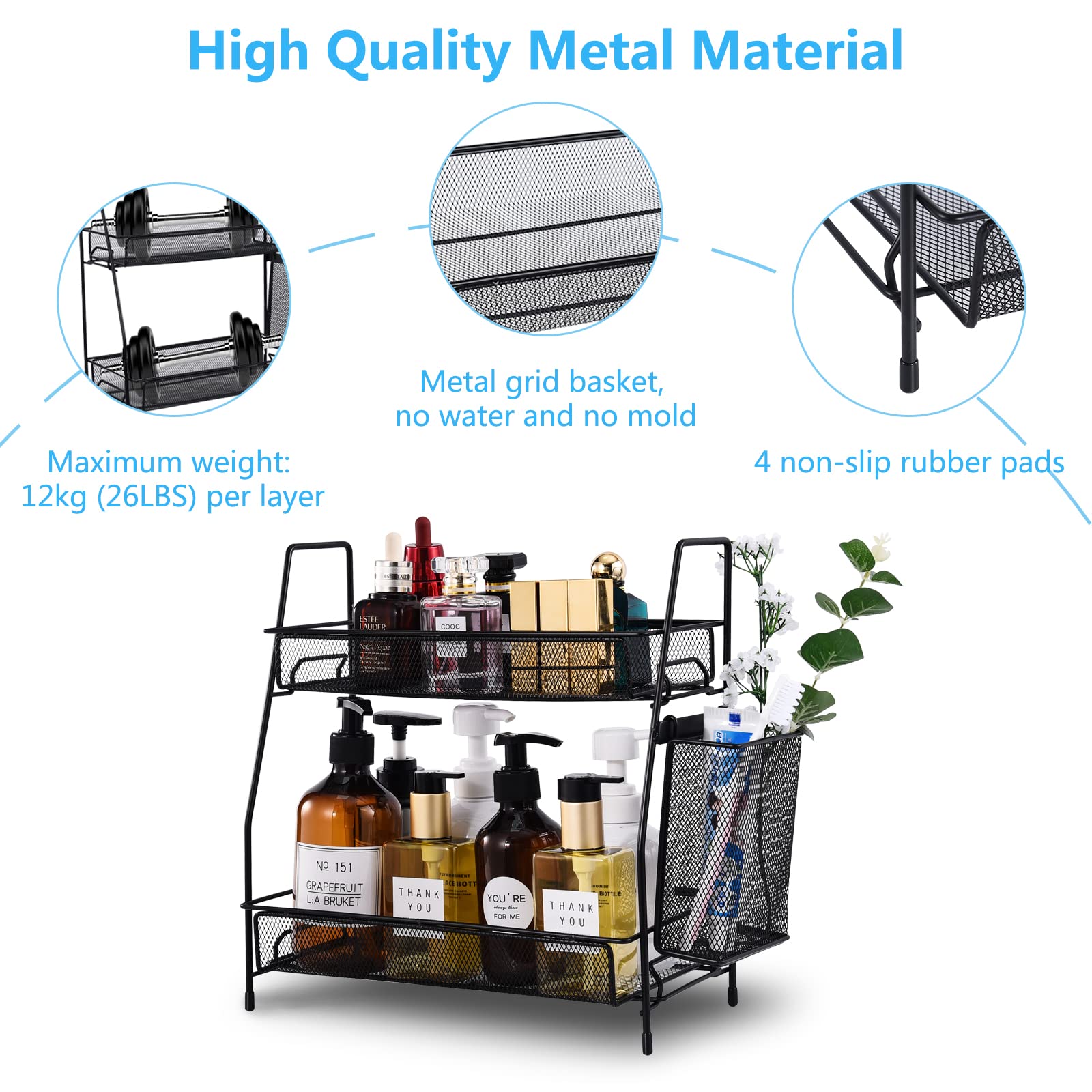 LEMIKKLE Black Countertop Organizer - Multi-Purpose Bathroom, Bedroom & Kitchen Storage Shelf with Small Baskets | Perfect for Organizing Cosmetics, Spices & Small Items
