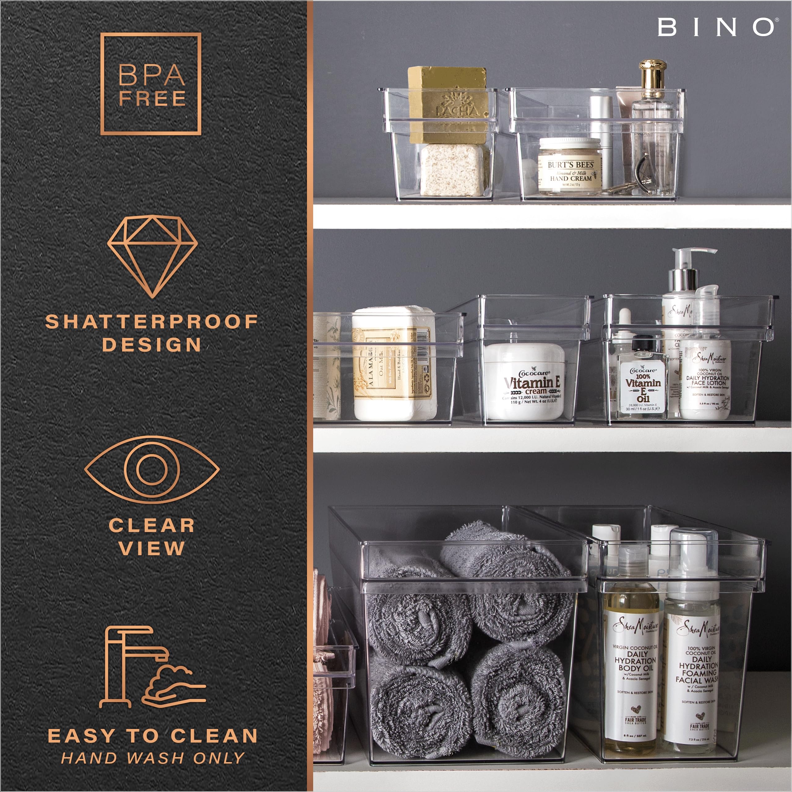BINO Plastic Storage Bins - Medium Deep Clear Organizer Containers for Kitchen Pantry, Freezer & Home Organization | Multipurpose Storage Solutions for Closet, Office & Kids Room | THE HANDLER COLLECTION