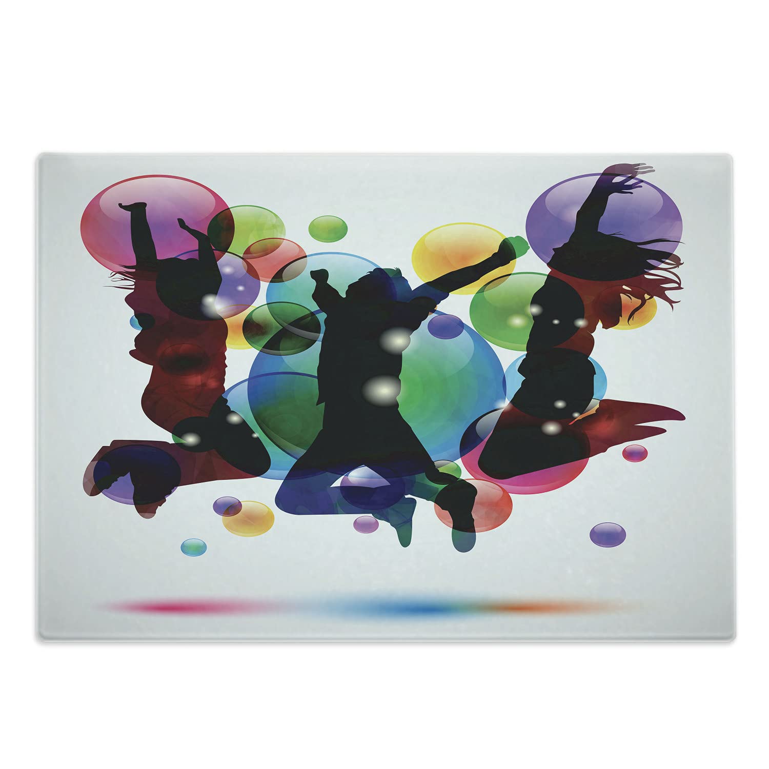 Ambesonne Vibrant Color Tempered Glass Cutting Board - Large Decorative Serving Board with Happy Teenagers Jumping & Bubbles Design - Perfect for Parties, Gifts & Kitchen Decor