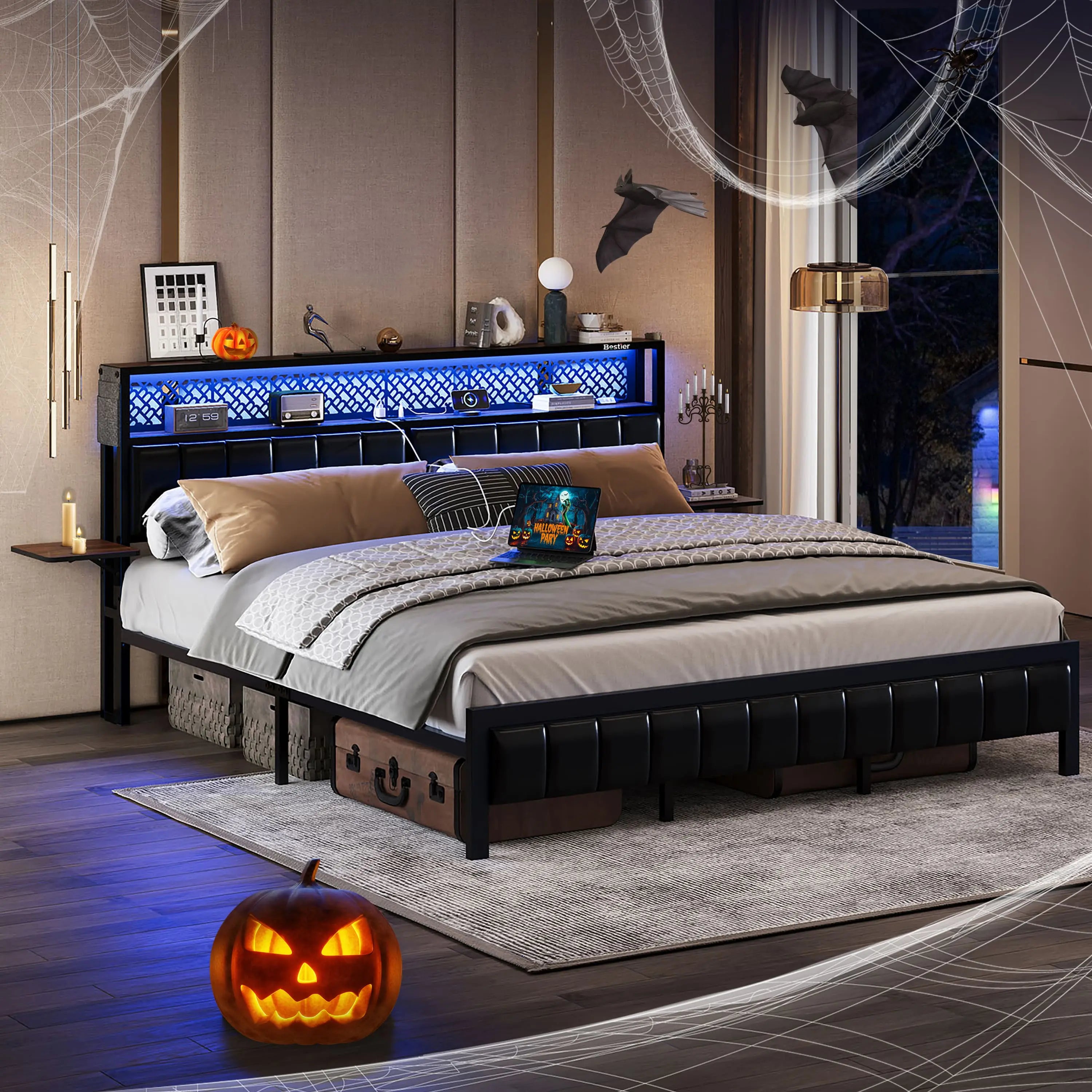 Bestier King/Queen/Full Size Bed Frame with USB Charging Station - Sturdy Metal Platform Bed with Headboard & LED Lights - Perfect for Modern Bedrooms & Guest Rooms