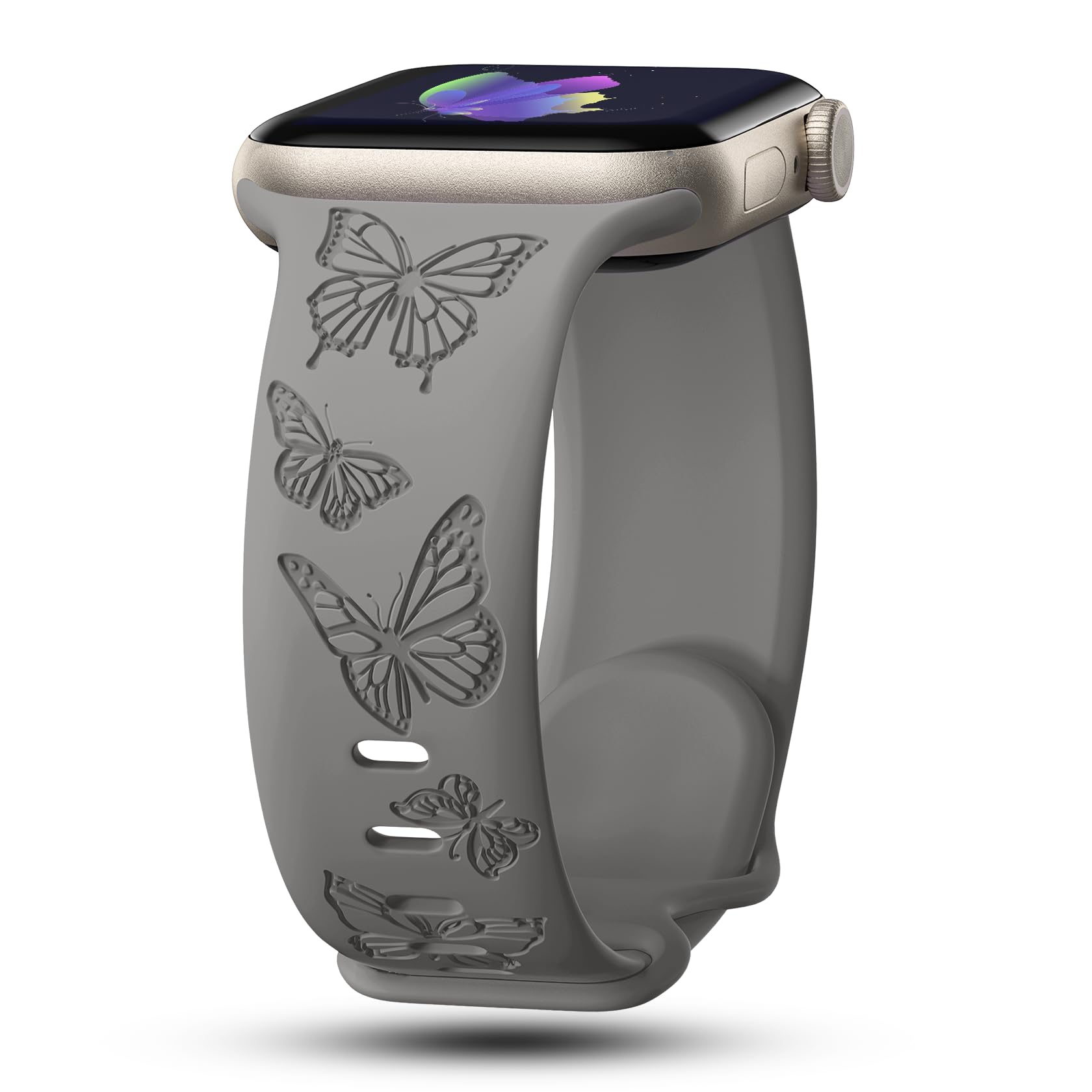 IKANFI Leopard Floral Engraved Apple Watch Band - Compatible with Series SE/8/7/6/5/4/3/2/1 (38mm/40mm/41mm/42mm/44mm/45mm) - Soft Silicone Sport Strap with Rose & Butterfly Design for Women - Perfect for Workouts, Running & Everyday Fashion
