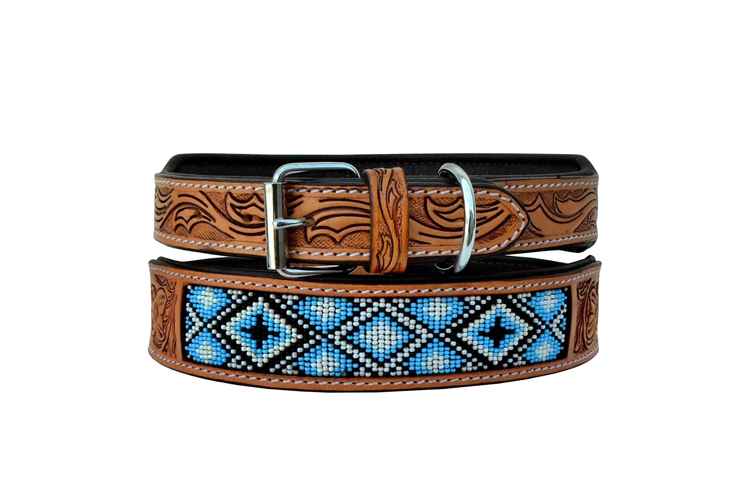 Western Style Leather Dog Collar - Heavy Duty Hand-Tooled Adjustable Beaded Padded Soft Collar for Puppies & Large Dogs (10AB020) - Perfect for Training, Walks & Outdoor Adventures