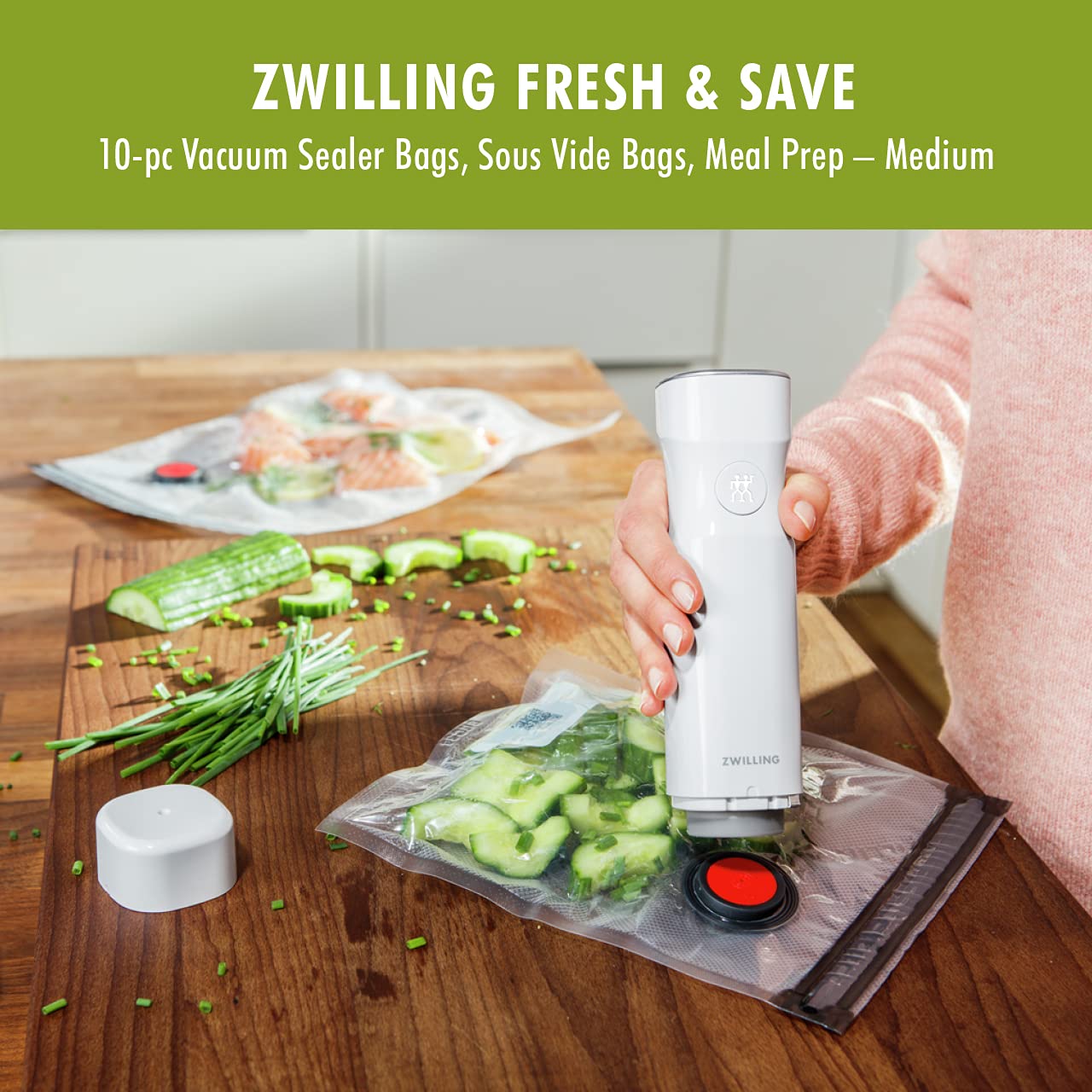 ZWILLING Fresh & Save 10-Piece Vacuum Sealer Bags Set - 1 Gallon Reusable Food Storage Bags for Sous Vide, Meal Prep & Snacks | Dishwasher Safe, Medium Size, Clear | Perfect for Freezing, Marinating & Sous Vide Cooking