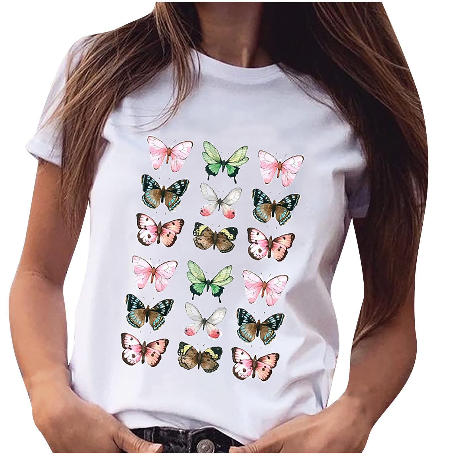Women's White Butterfly Graphic T-Shirt - Summer Short Sleeve Crewneck Lightweight Top for Casual Wear & Everyday Outfits