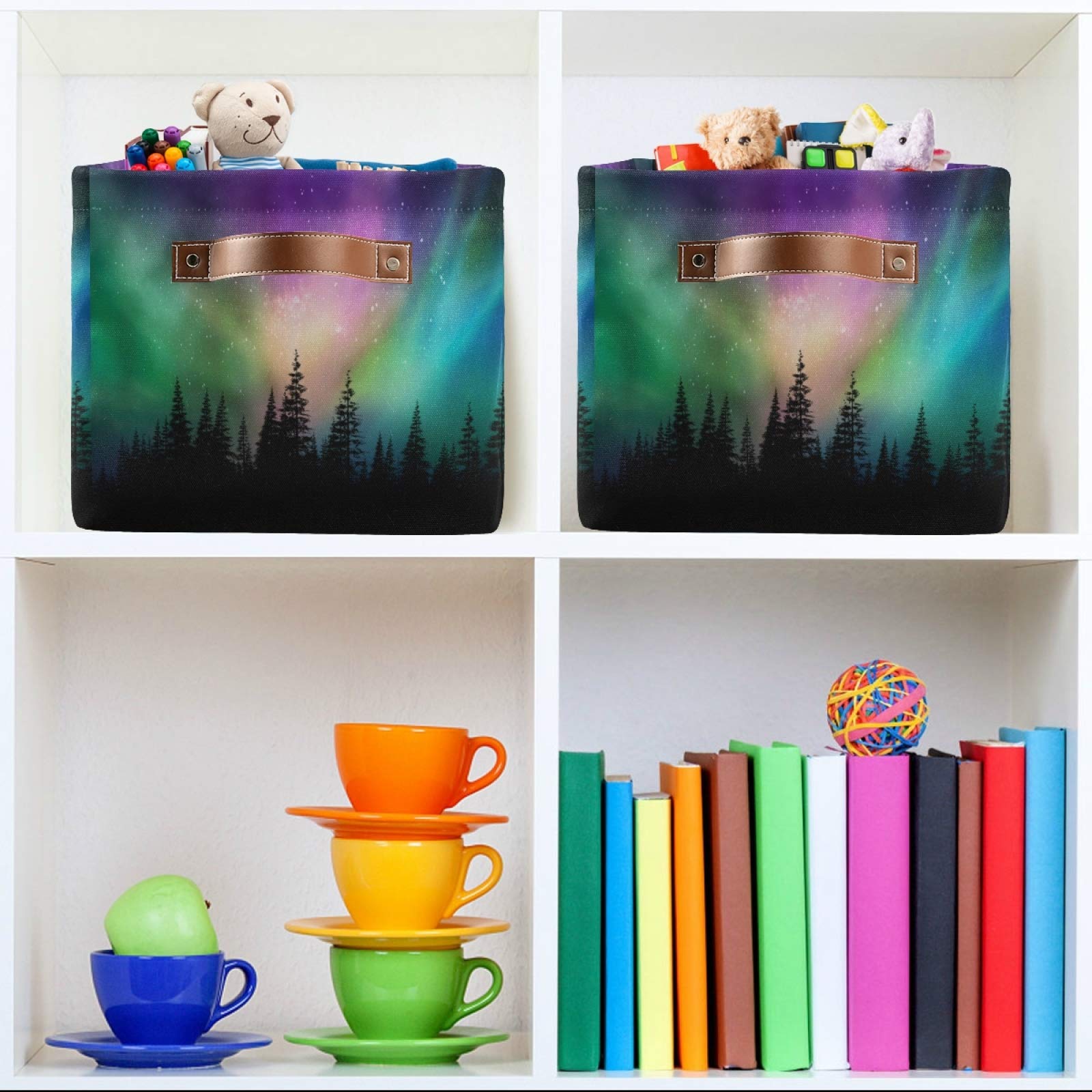 Northern Lights Aurora Storage Basket - Durable Collapsible Canvas Cube Box with Handles | Toy Organizer Bin for Shelf, Closet, Bedroom & Home Office | Perfect for Kids' Room, Playroom & Home Organization