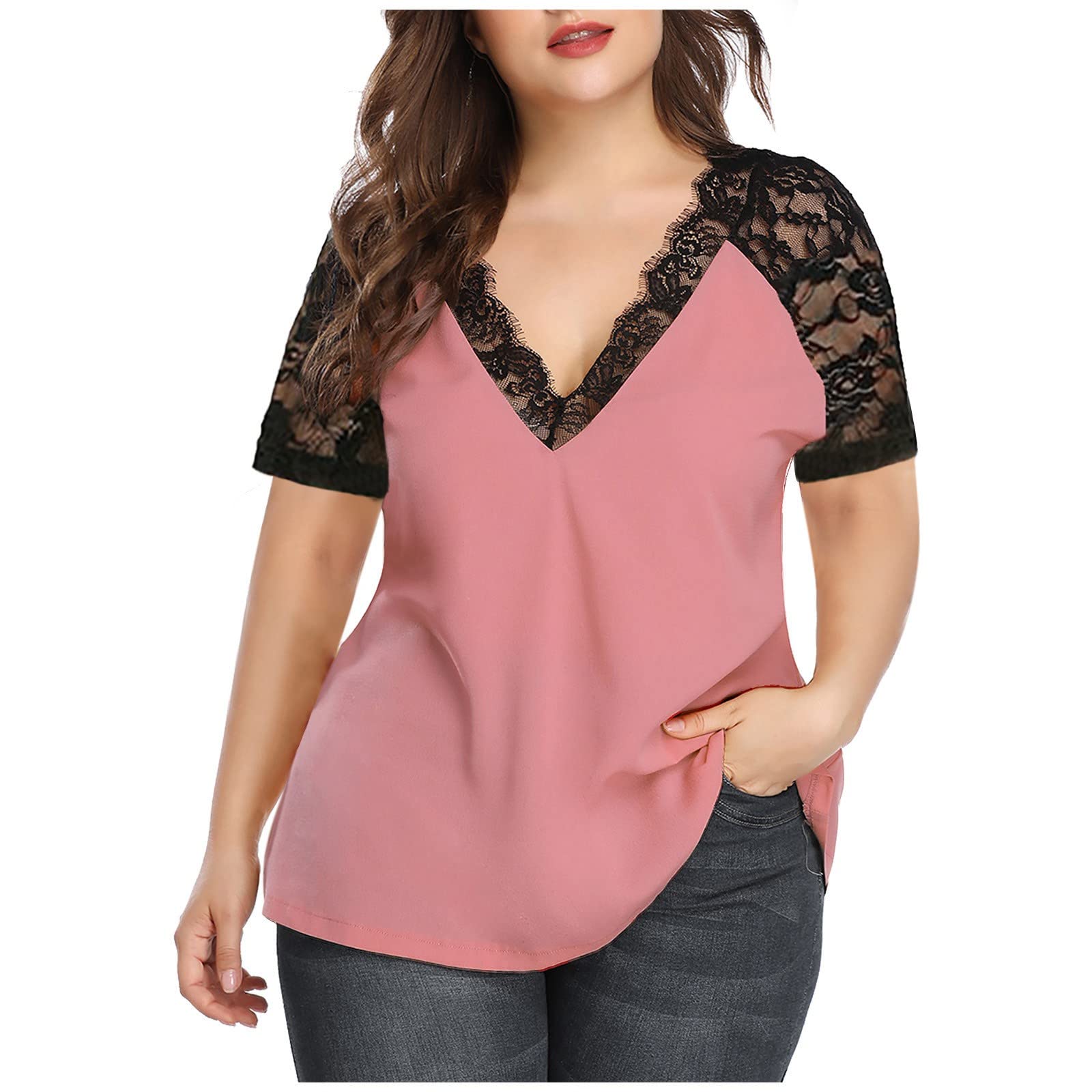 Stylish Plus Size Chiffon V-Neck Lace Patchwork Short Sleeve Blouse - Women's Summer Casual T-Shirt for Beach, Party & Everyday Wear