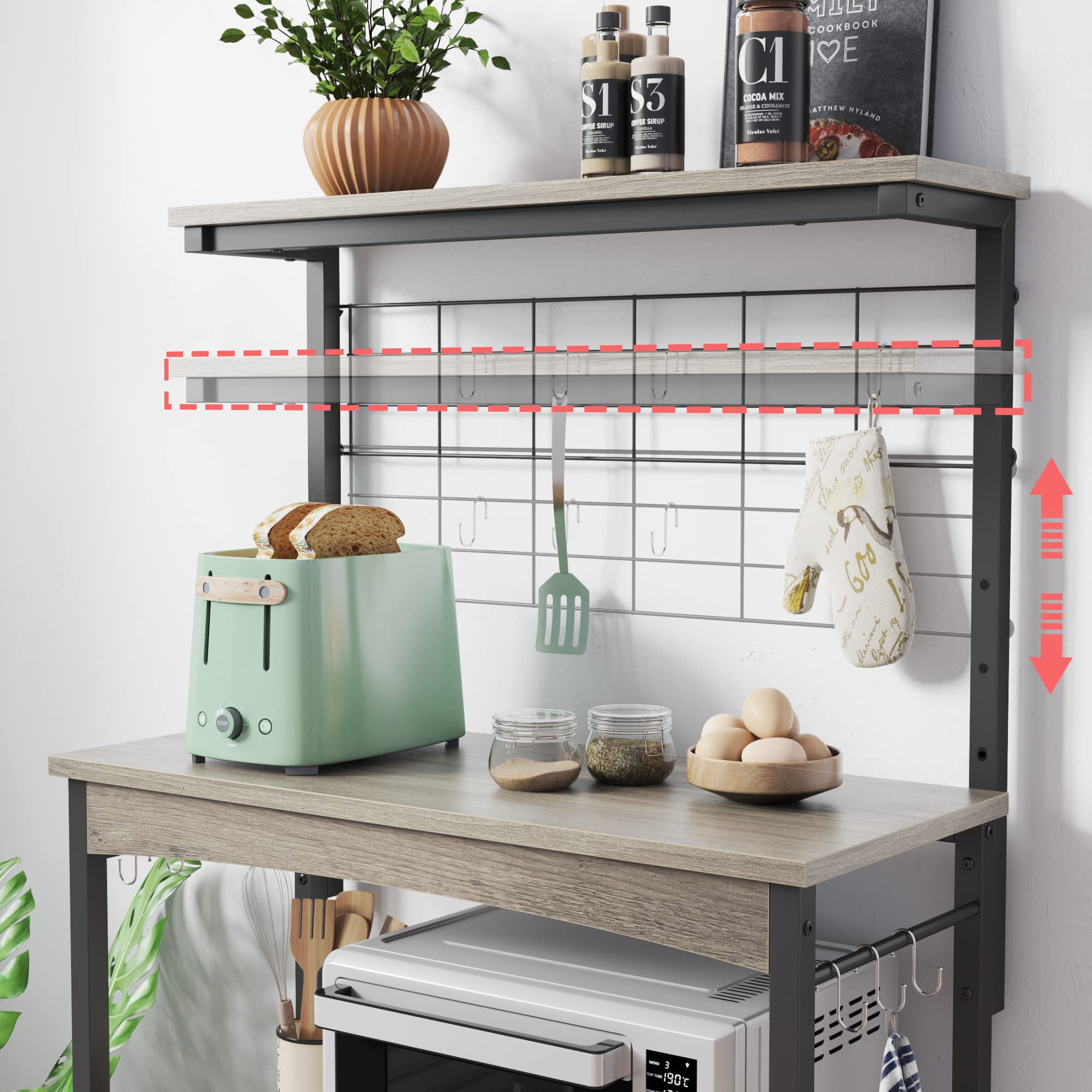Bestier Adjustable Microwave Stand with Storage Cabinet - Industrial Rolling Kitchen Shelf with Wheels & Feet, 10 S-Hooks - Perfect for Small Kitchens, Coffee Bars & Baker's Racks (Grey Wash)