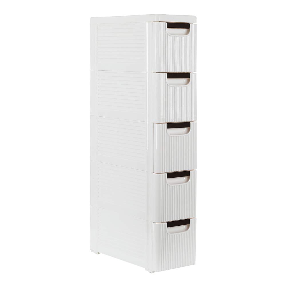 5-Tier Rolling Storage Cart with Plastic Drawers - Slim Narrow Tower Cabinet on Wheels for Bathroom, Bedroom, Office, Kitchen & Living Room - Perfect for Organizing Makeup, Office Supplies, Kitchen Utensils & More (7.5