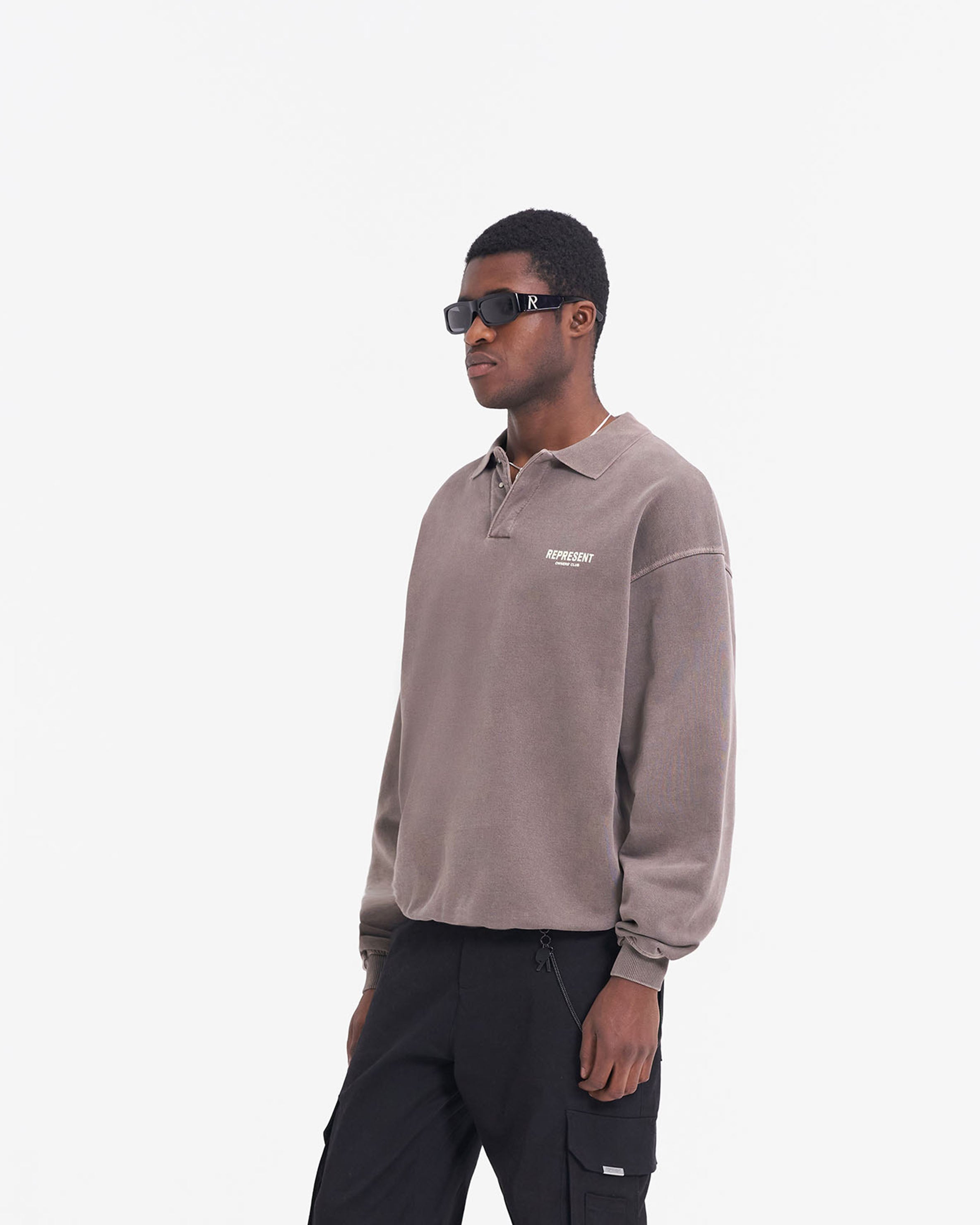 Represent Owners Club Long Sleeve Polo Sweater - Premium Cotton Blend Men's Casual Pullover (Fog Gray) | Perfect for Streetwear, Business Casual & Lounge Wear