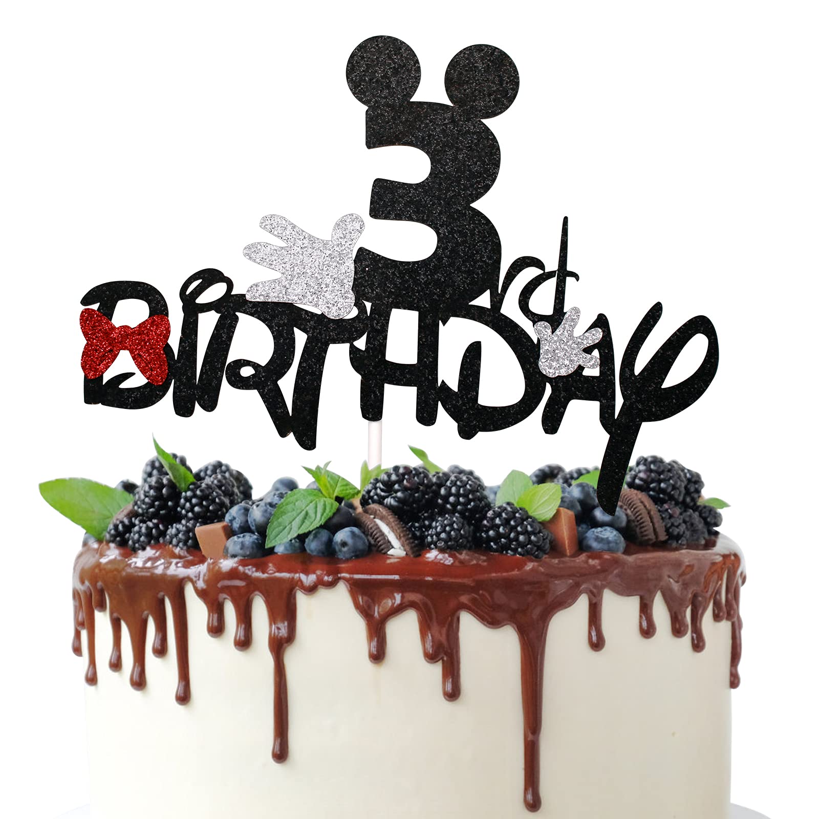 Cartoon Mouse 3rd Birthday Cake Topper - Black Glitter 3 Years Old Cake Decor with Bows & White Gloves - Perfect for Birthday Party Decorations, Baby Showers & Themed Celebrations