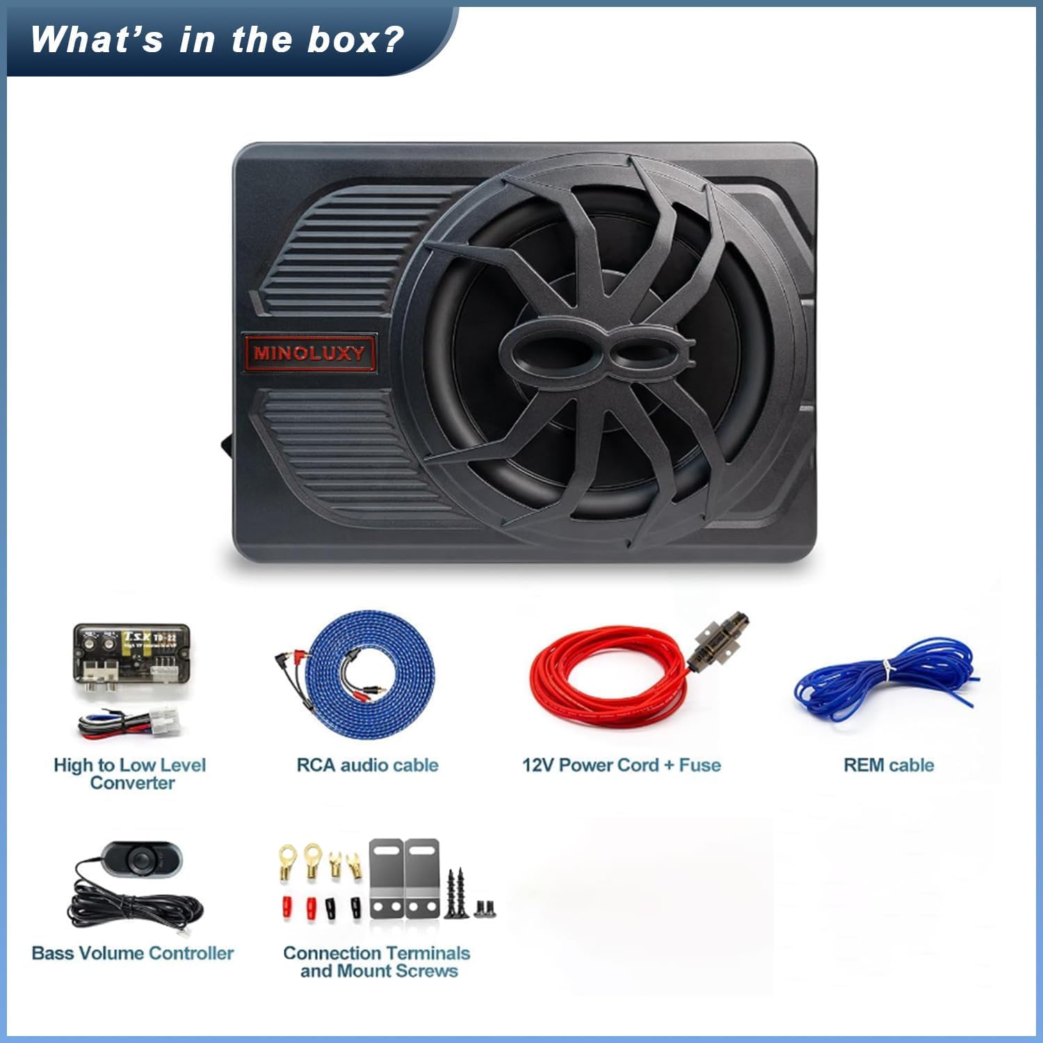 10 Inch 800W Slim Under Seat Powered Car Subwoofer with Built-in Amplifier & Blue LED Lights - High Performance Bass for Cars & Trucks - Perfect for Road Trips, Music Lovers & Enhanced Audio Experience