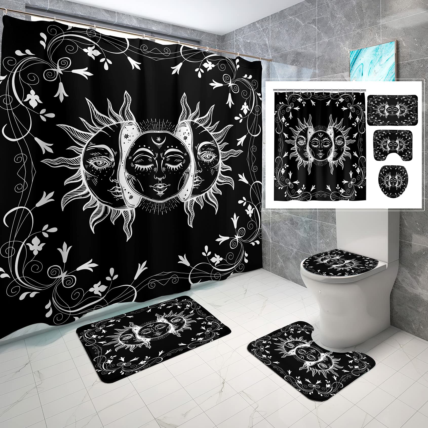 Vintage Sun Moon Totem Shower Curtain Set - 4 Piece Bathroom Decor with Black Background, Rugs, Toilet Cover & Hooks (70x70 Inch) - Perfect for Boho, Gothic & Retro Style Bathrooms