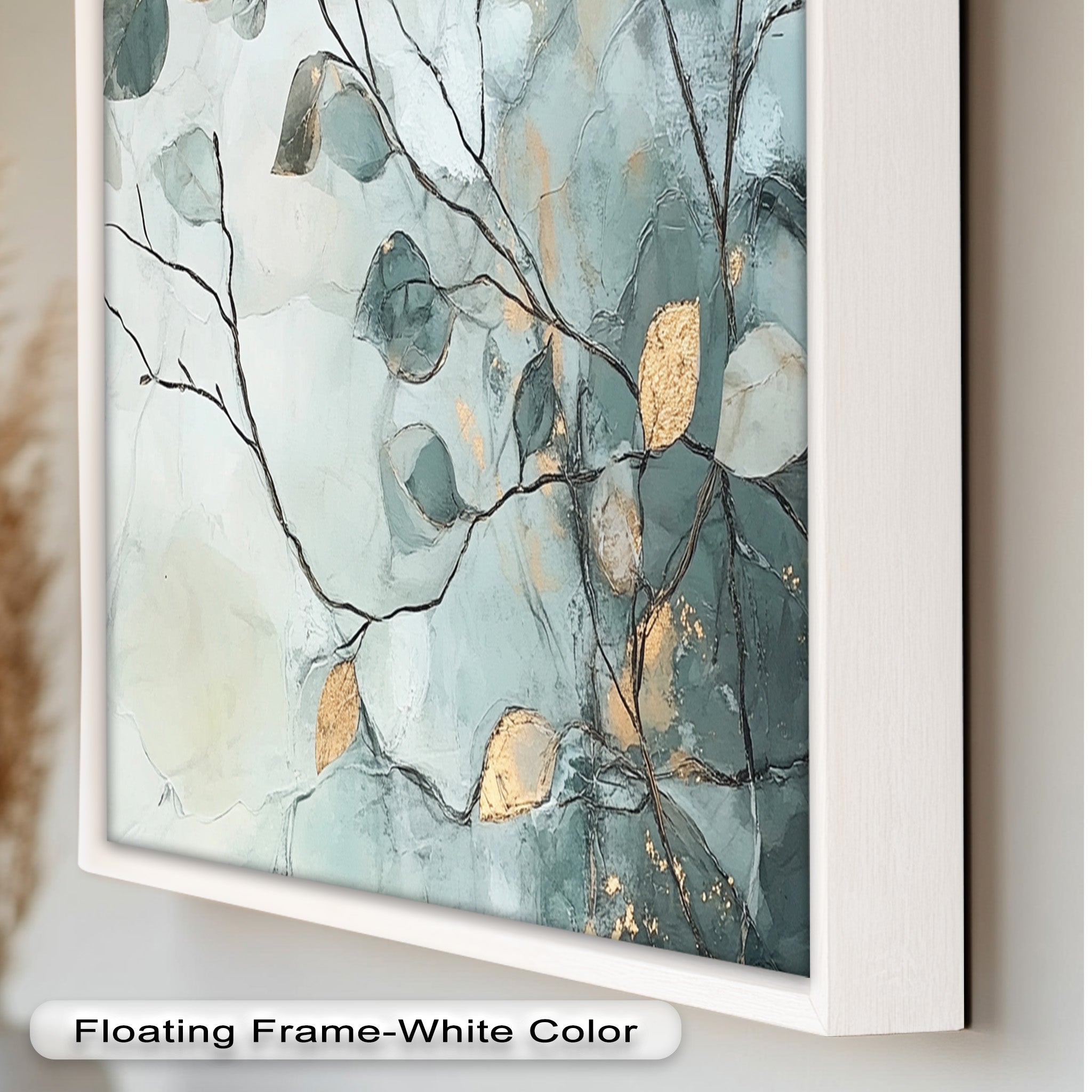 Blue and Metallic Leaf Branch Abstract Oil Painting - Handmade Canvas Wall Art for Living Room, Bedroom & Office Decor
