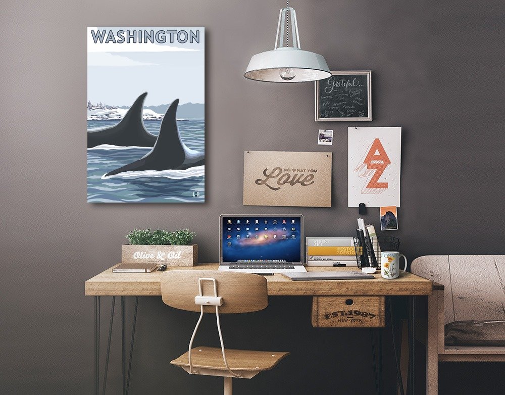 Lantern Press Orca Fins and Snow Washington Art Print - 16x24 Wrapped Canvas Wall Decor for Living Room, Bedroom & Office