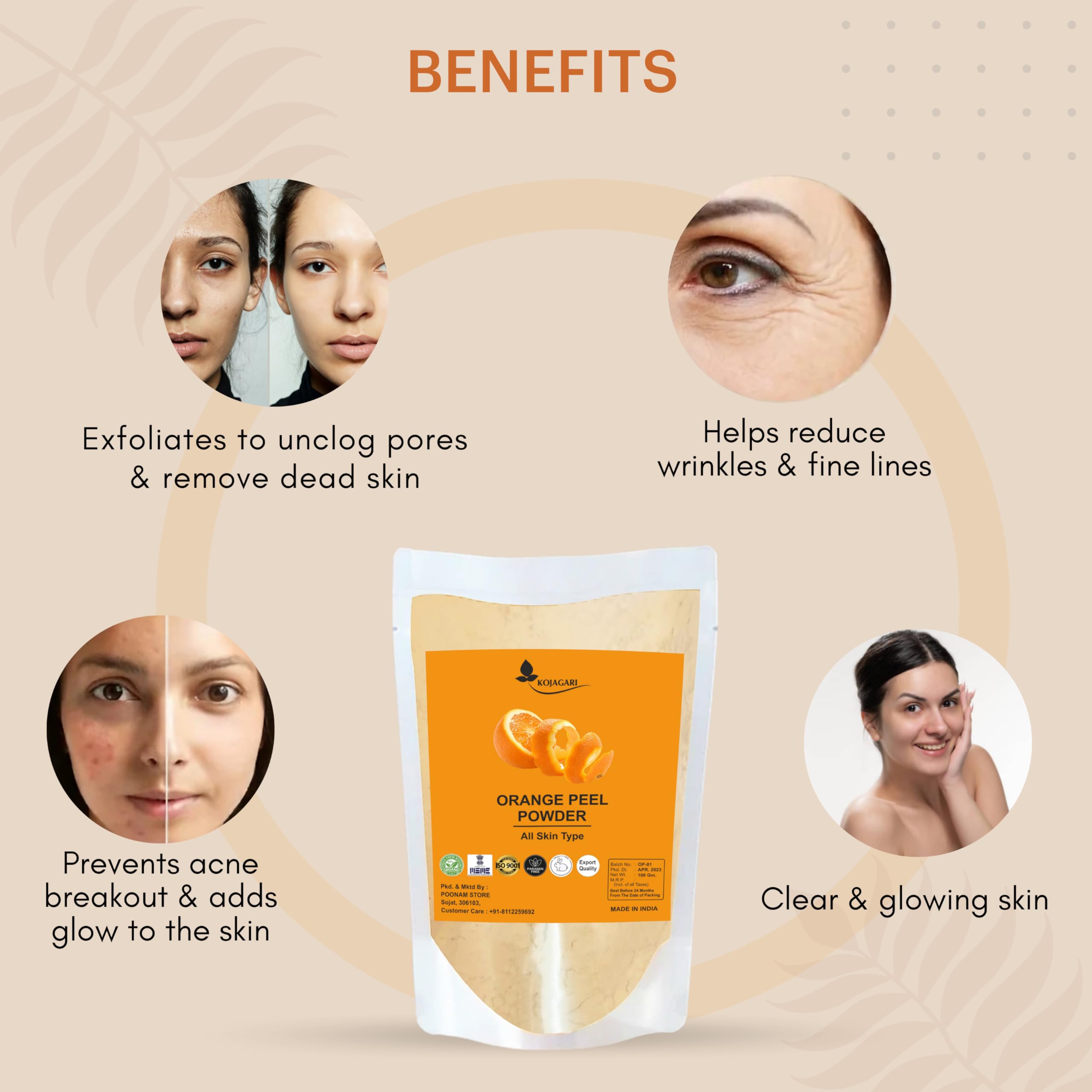 Kojagari Orange Peel Powder 100g - Pure Natural & Organic Skin Lightening Face Mask with Vitamin C for Detanning & Glow | Cruelty-Free, Vegan | Brightening Treatment for Dull Skin, Dark Spots & Uneven Tone | Perfect for DIY Face Packs, Scrubs & Skincare Routines