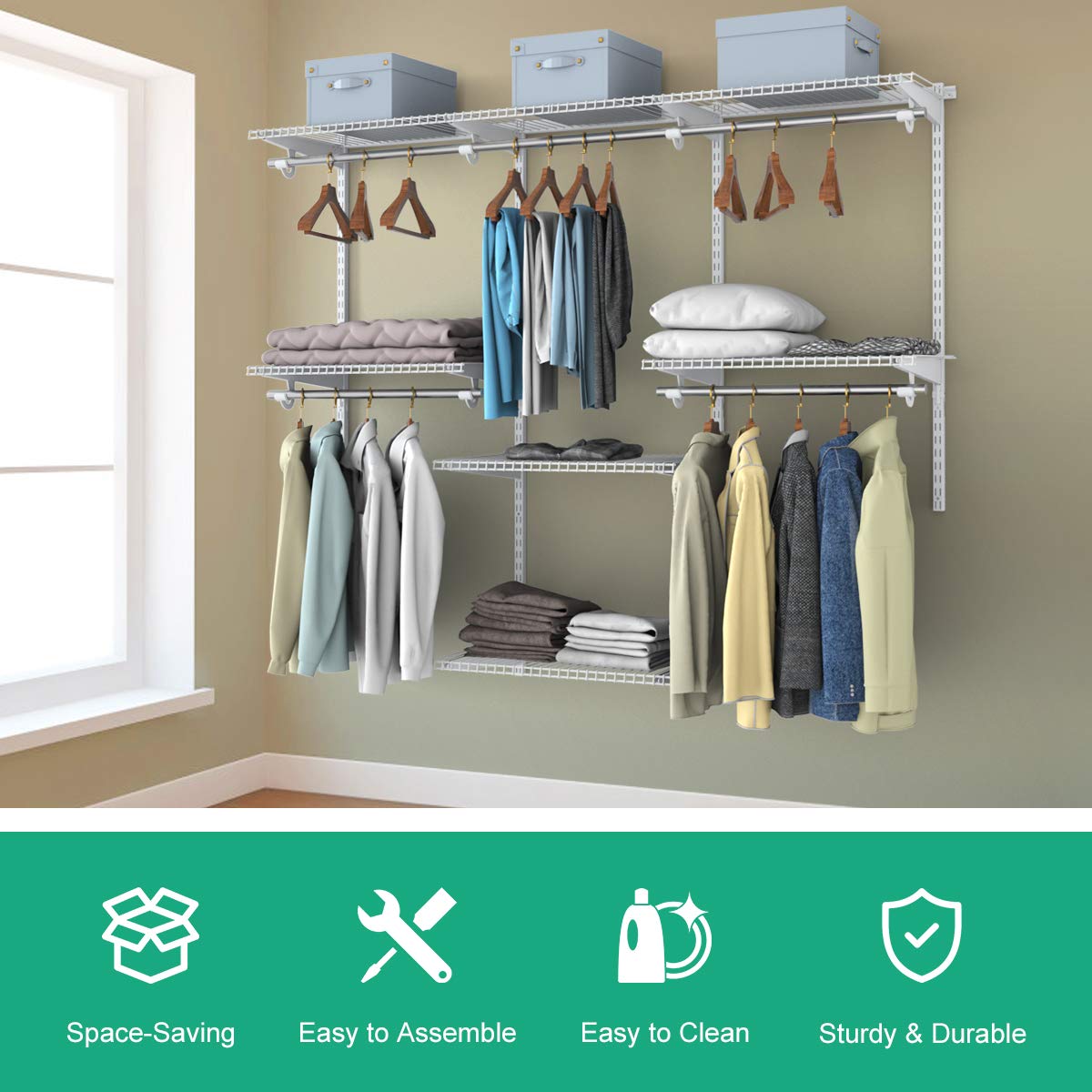 Tangkula 4-6 FT Custom Closet Organizer System - Wall Mounted Wardrobe with Adjustable Shelves & Hanging Rod - Metal Storage Rack for Bedroom, Closet & Small Space Organization (Perfect for Apartments, Dorms & Tiny Homes)