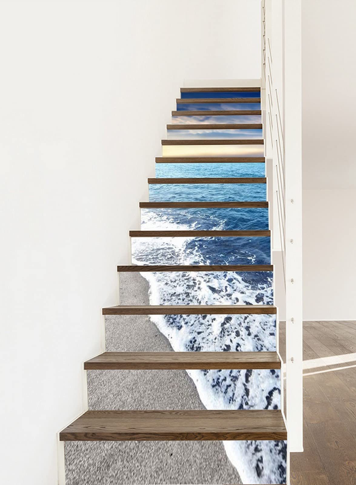 3D Self-Adhesive Removable Stair Stickers - Blue Ocean Waves & Sunset Sky Vinyl Decals for Stairs, Kitchen Tiles & Walls | Nature Landscape Mural Wallpaper (13-Piece Set) | Perfect for Home Decor, Staircase Makeover & DIY Interior Design